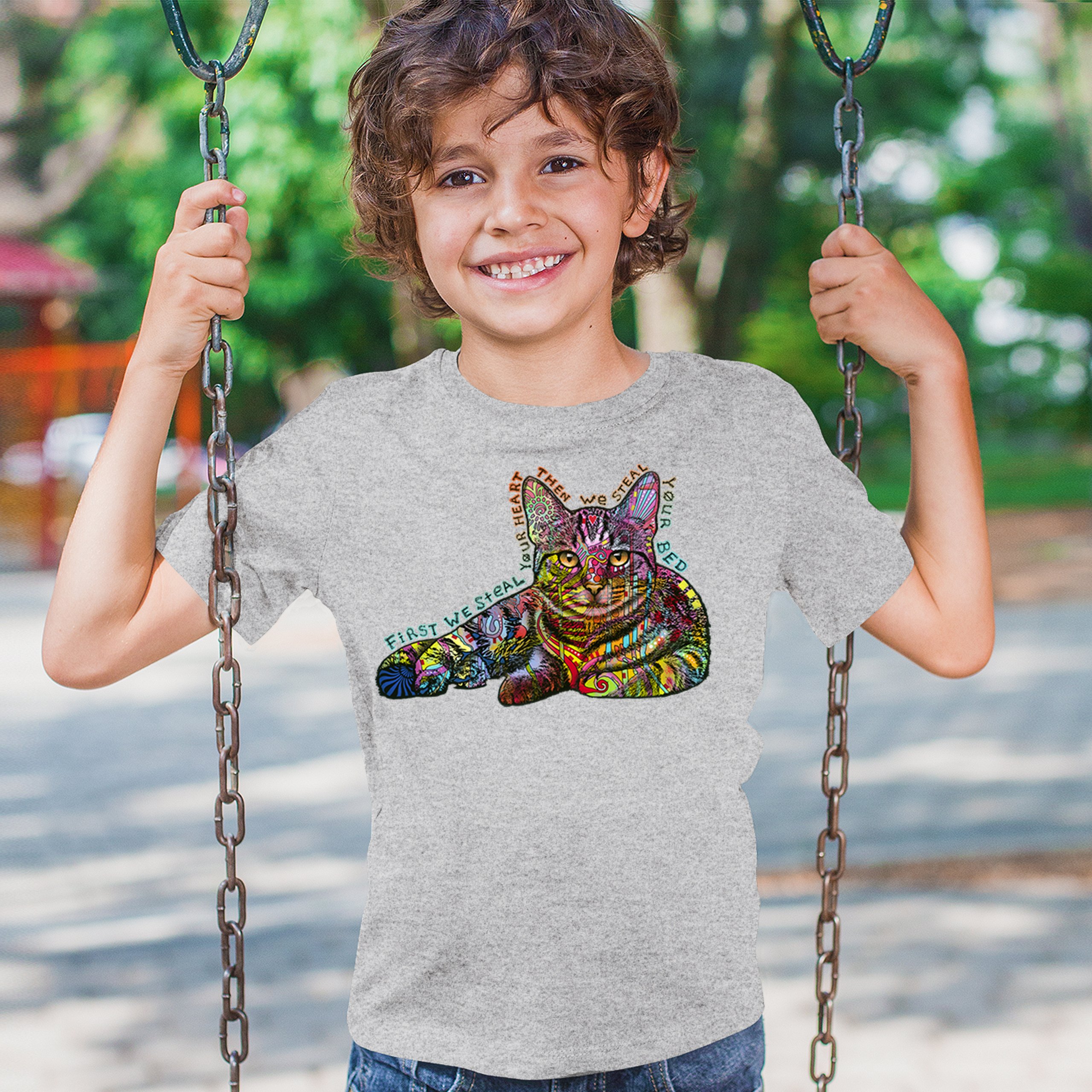 Dean Russo Cute Neon Cat Youth T-shirt First We Steal Your Heart Kitten Kids - Picture 12 of 50