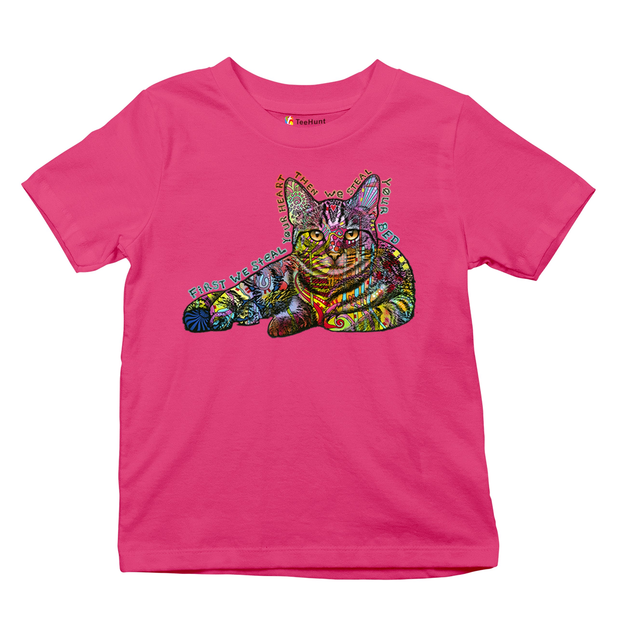 Dean Russo Cute Neon Cat Youth T-shirt First We Steal Your Heart Kitten Kids - Picture 48 of 50