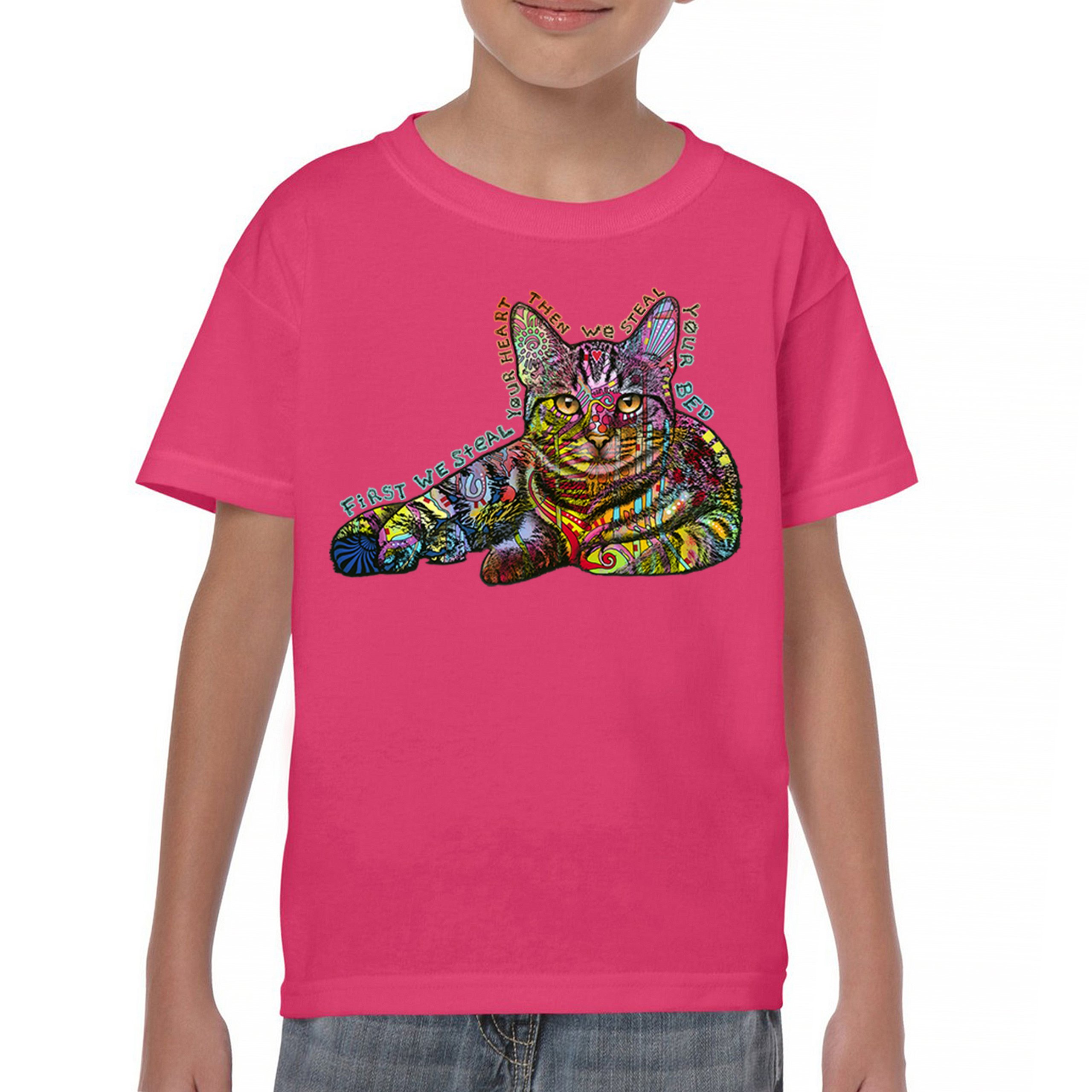 Dean Russo Cute Neon Cat Youth T-shirt First We Steal Your Heart Kitten Kids - Picture 44 of 50