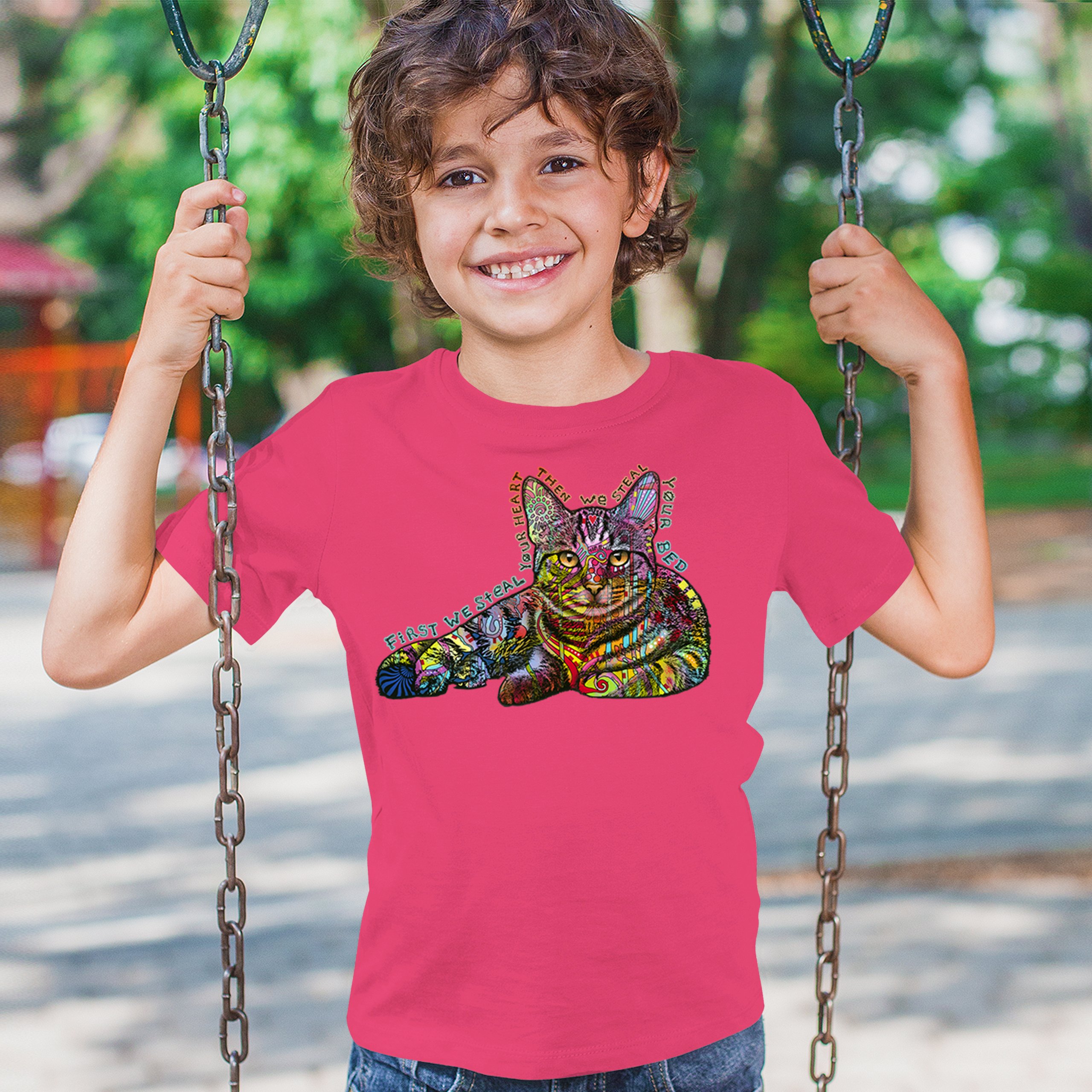 Dean Russo Cute Neon Cat Youth T-shirt First We Steal Your Heart Kitten Kids - Picture 47 of 50