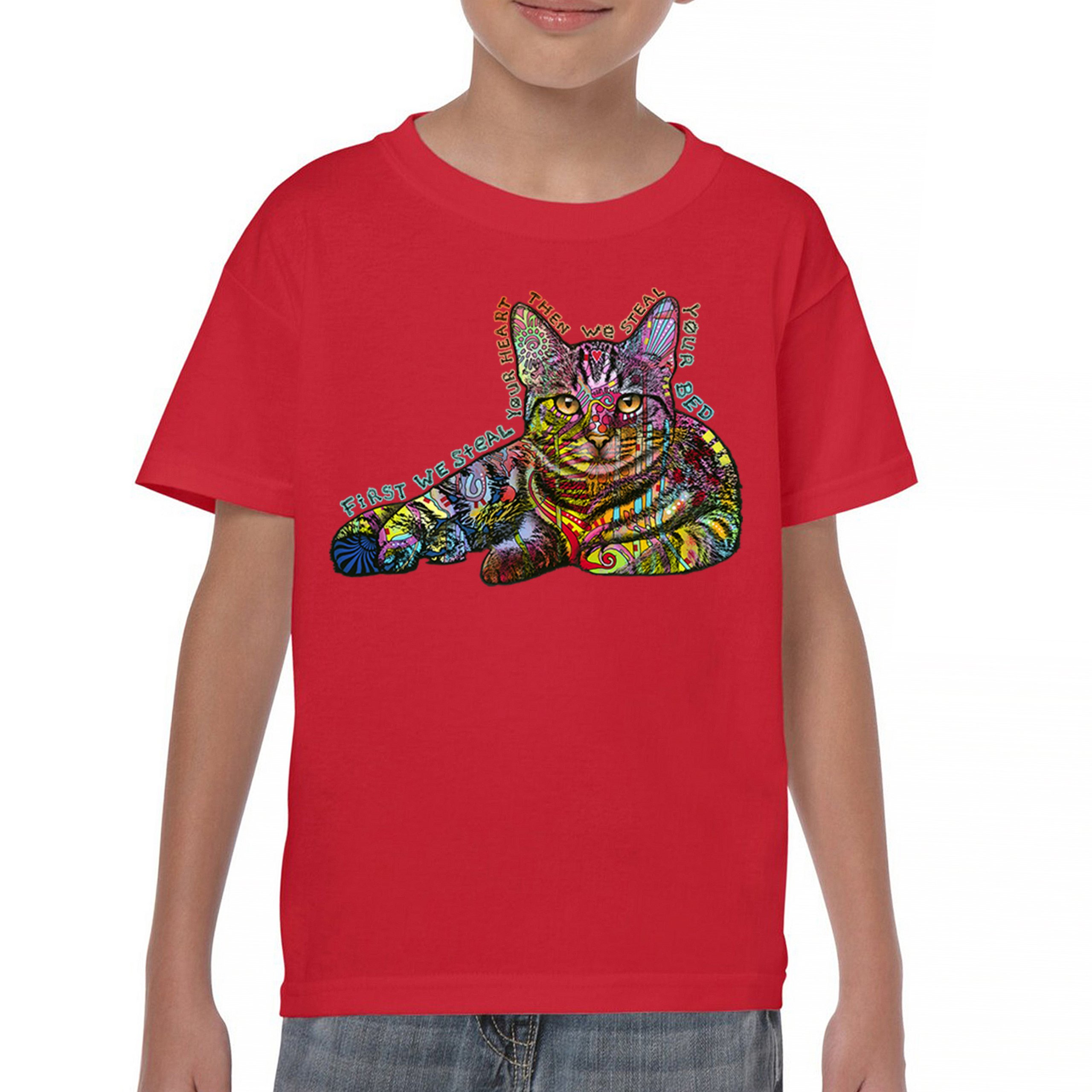 Dean Russo Cute Neon Cat Youth T-shirt First We Steal Your Heart Kitten Kids - Picture 16 of 50