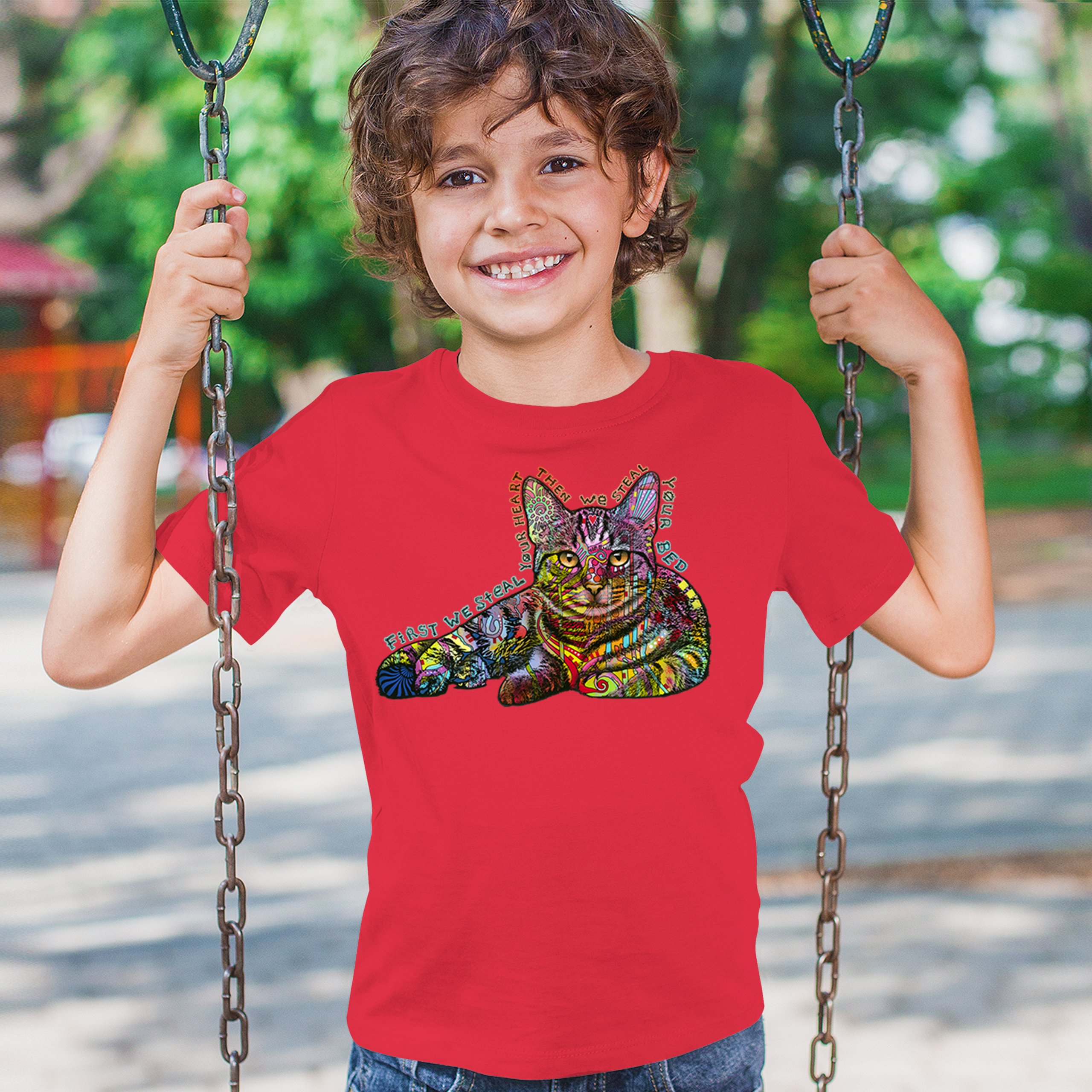 Dean Russo Cute Neon Cat Youth T-shirt First We Steal Your Heart Kitten Kids - Picture 19 of 50