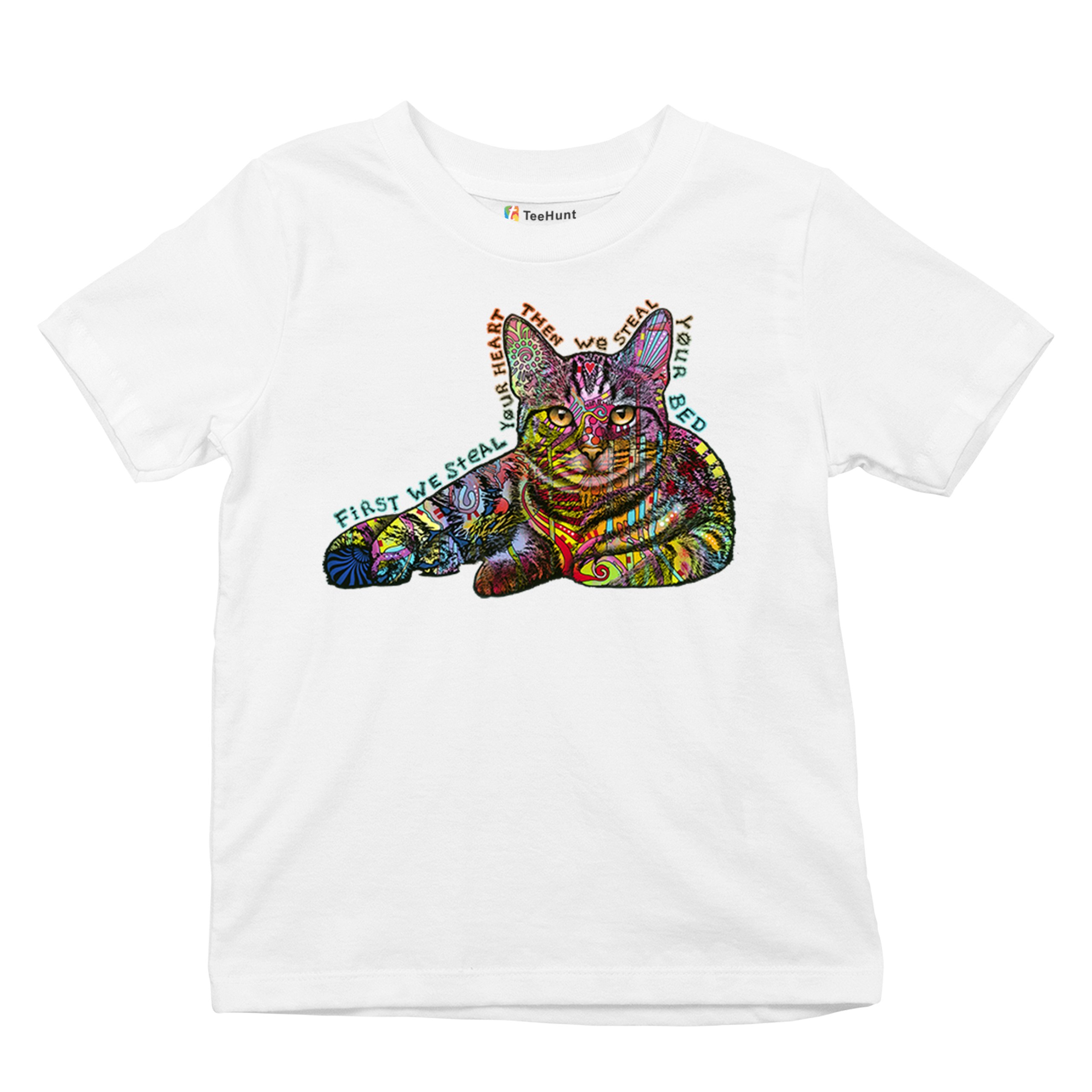 Dean Russo Cute Neon Cat Youth T-shirt First We Steal Your Heart Kitten Kids - Picture 27 of 50