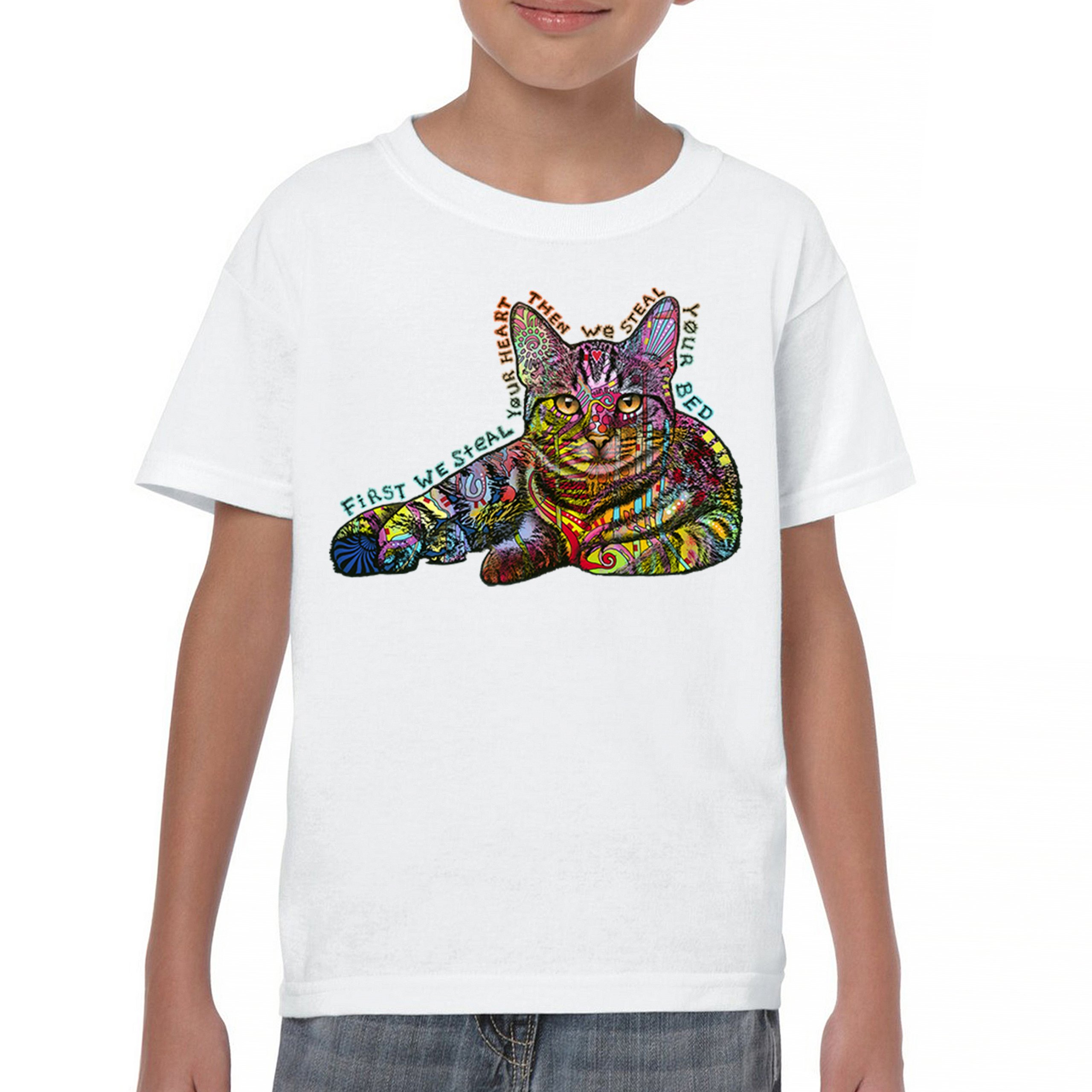 Dean Russo Cute Neon Cat Youth T-shirt First We Steal Your Heart Kitten Kids - Picture 23 of 50