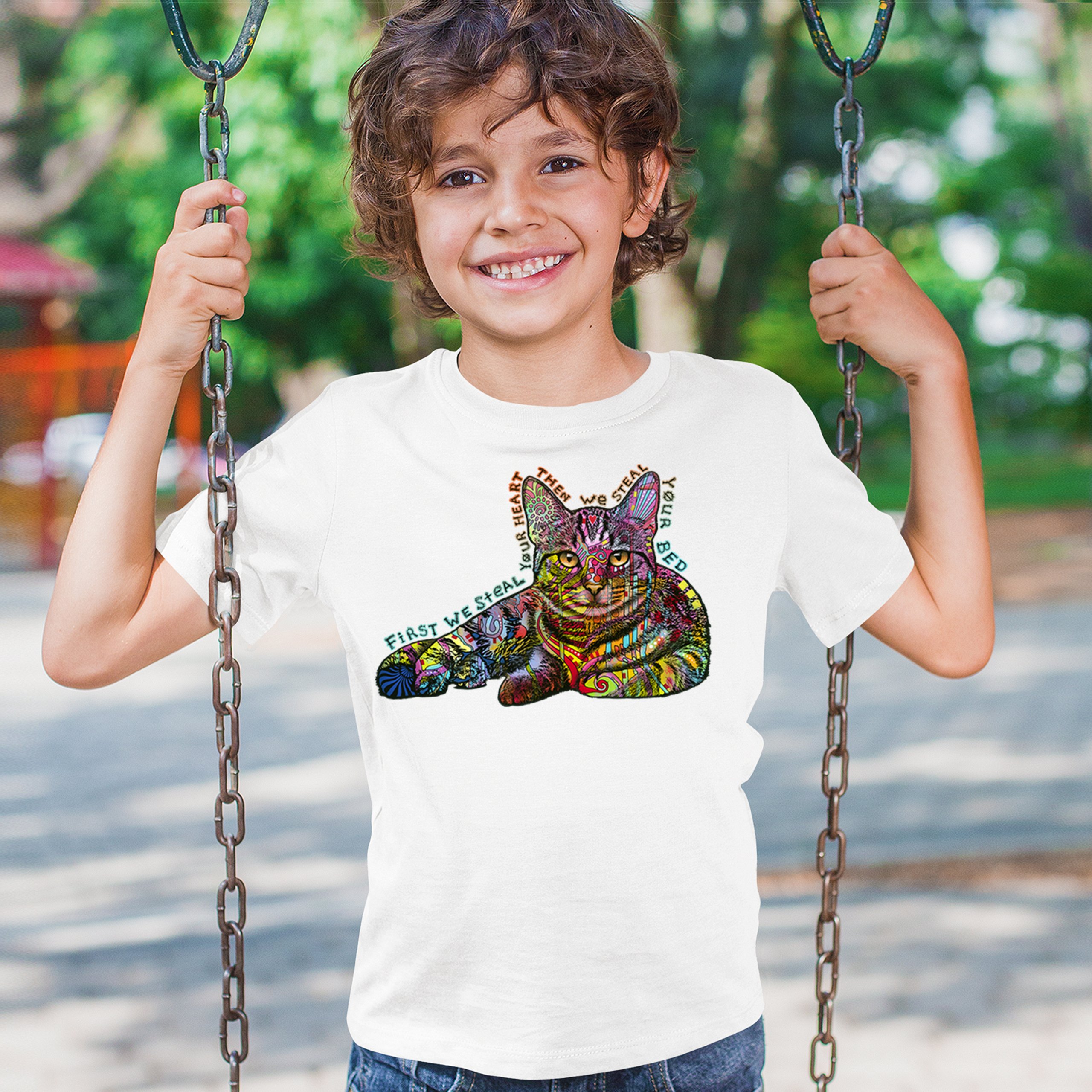 Dean Russo Cute Neon Cat Youth T-shirt First We Steal Your Heart Kitten Kids - Picture 26 of 50