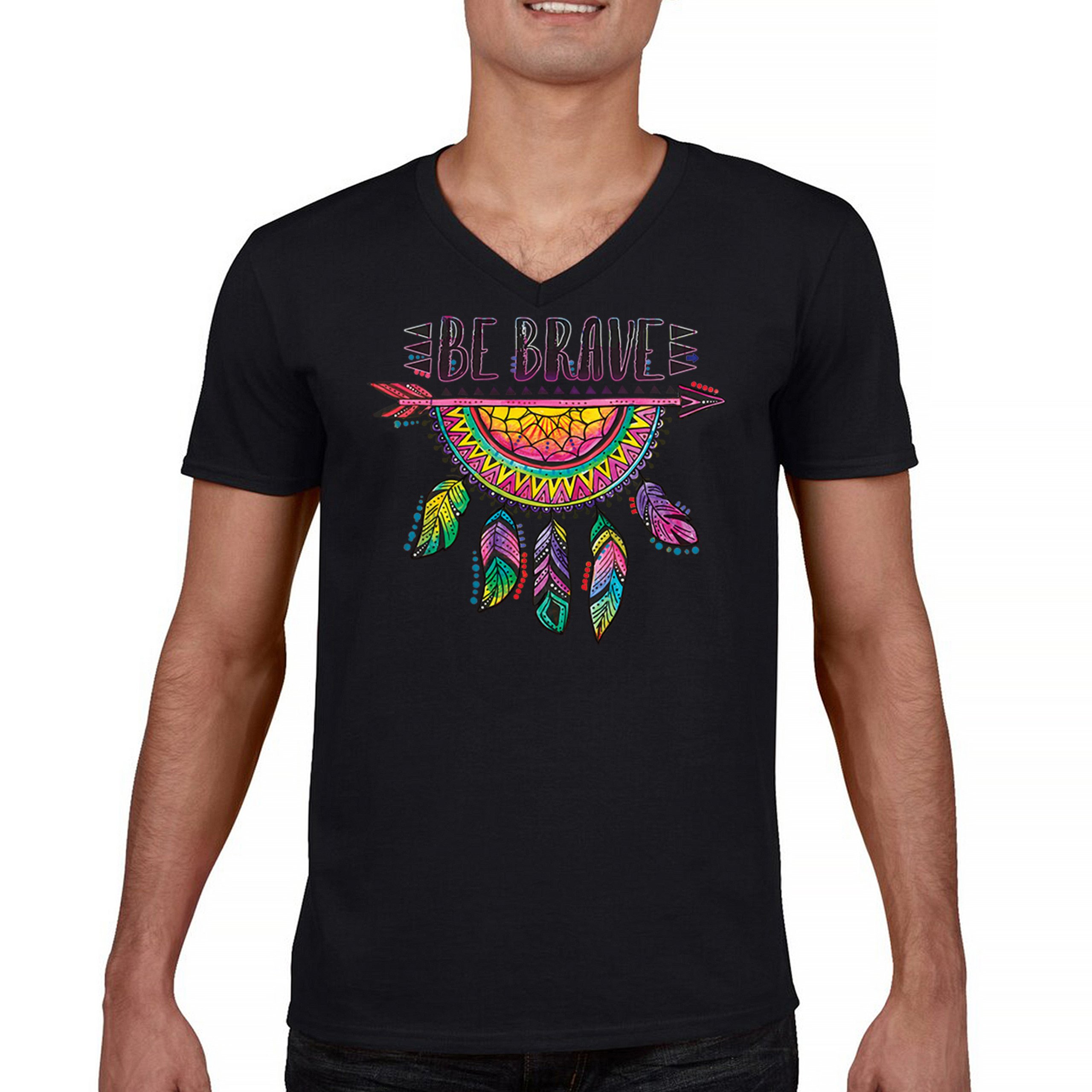 Be Brave Dream Catcher V-Neck T-shirt Dean Russo Motivation Feather Tee - Picture 2 of 29