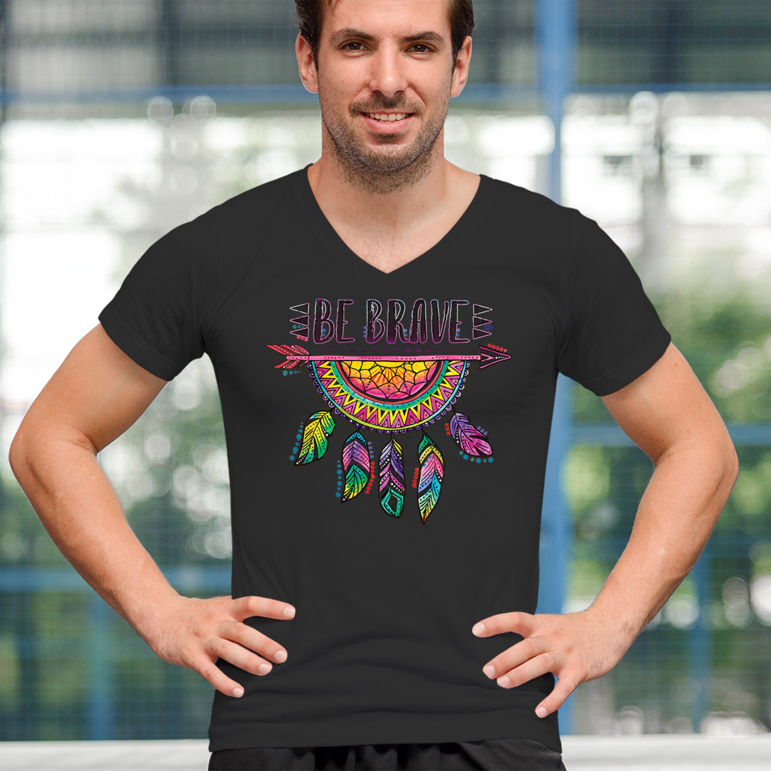 Be Brave Dream Catcher V-Neck T-shirt Dean Russo Motivation Feather Tee - Picture 5 of 29