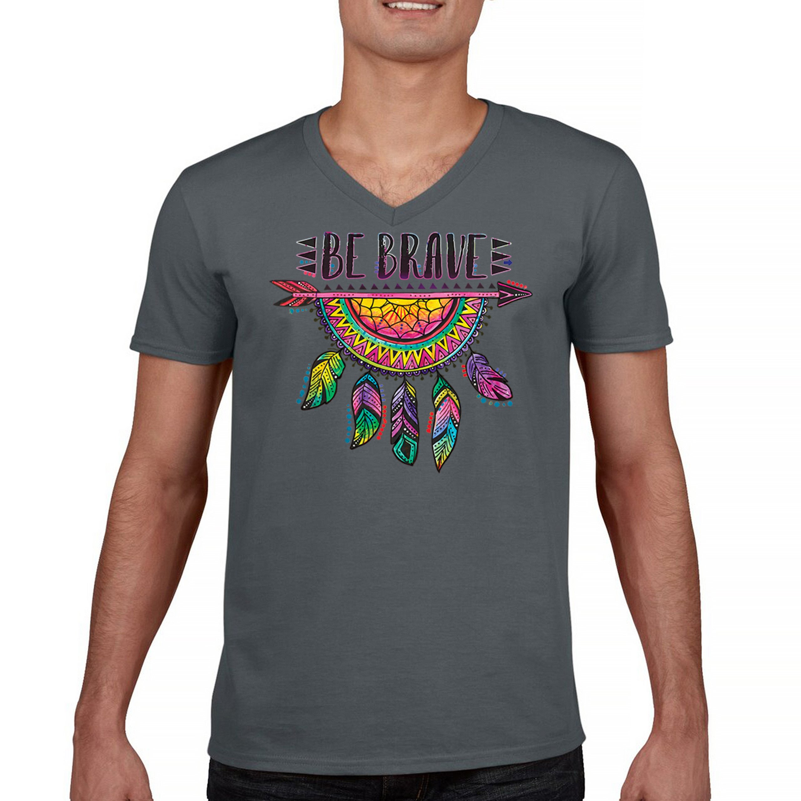 Be Brave Dream Catcher V-Neck T-shirt Dean Russo Motivation Feather Tee - Picture 23 of 29