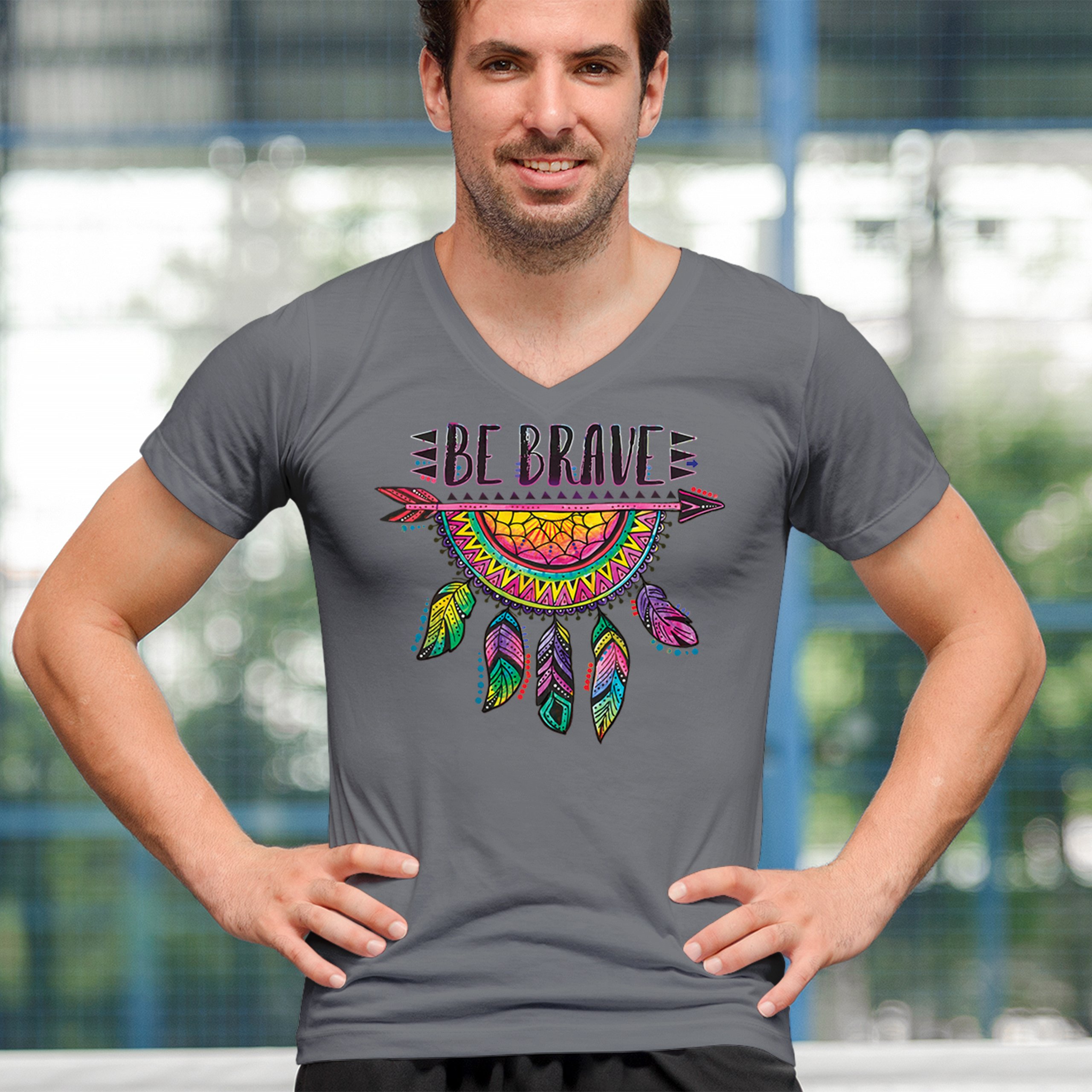 Be Brave Dream Catcher V-Neck T-shirt Dean Russo Motivation Feather Tee - Picture 26 of 29