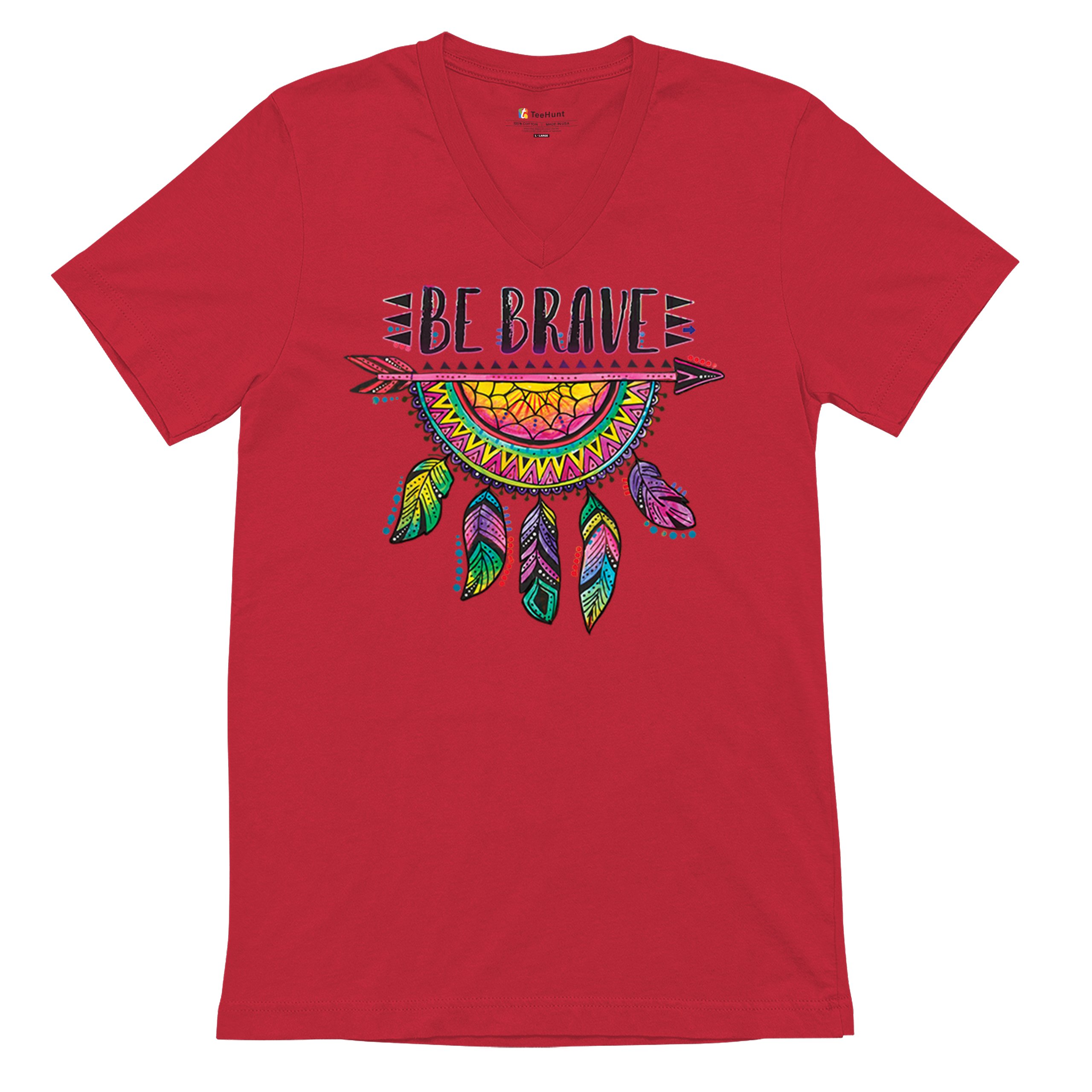 Be Brave Dream Catcher V-Neck T-shirt Dean Russo Motivation Feather Tee - Picture 13 of 29