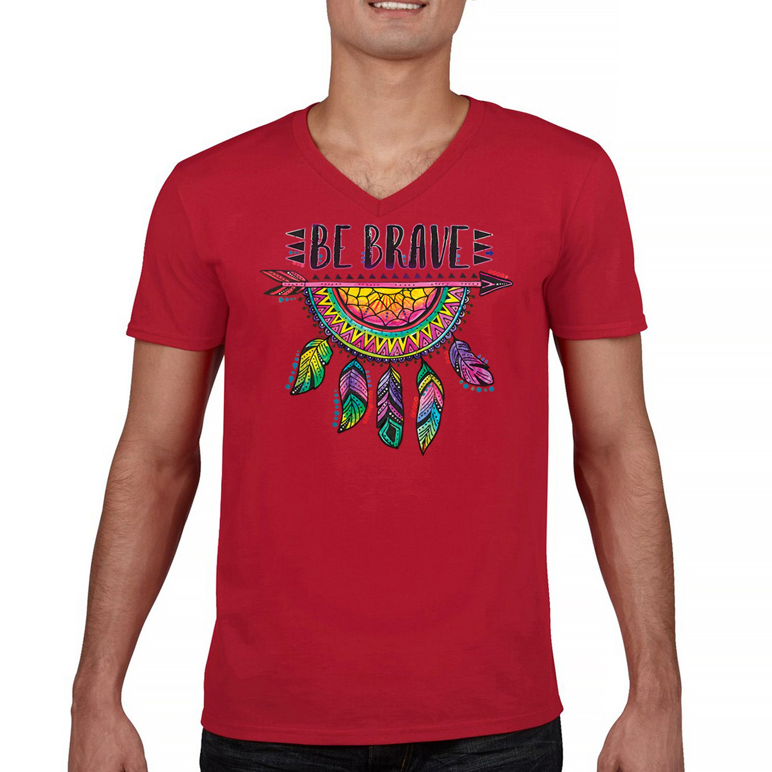 Be Brave Dream Catcher V-Neck T-shirt Dean Russo Motivation Feather Tee - Picture 9 of 29