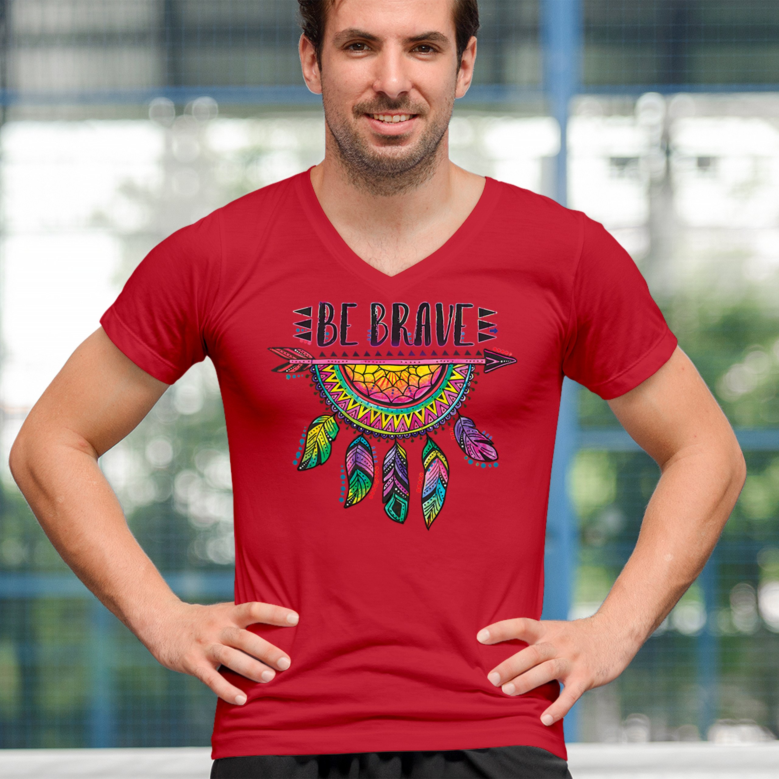 Be Brave Dream Catcher V-Neck T-shirt Dean Russo Motivation Feather Tee - Picture 12 of 29