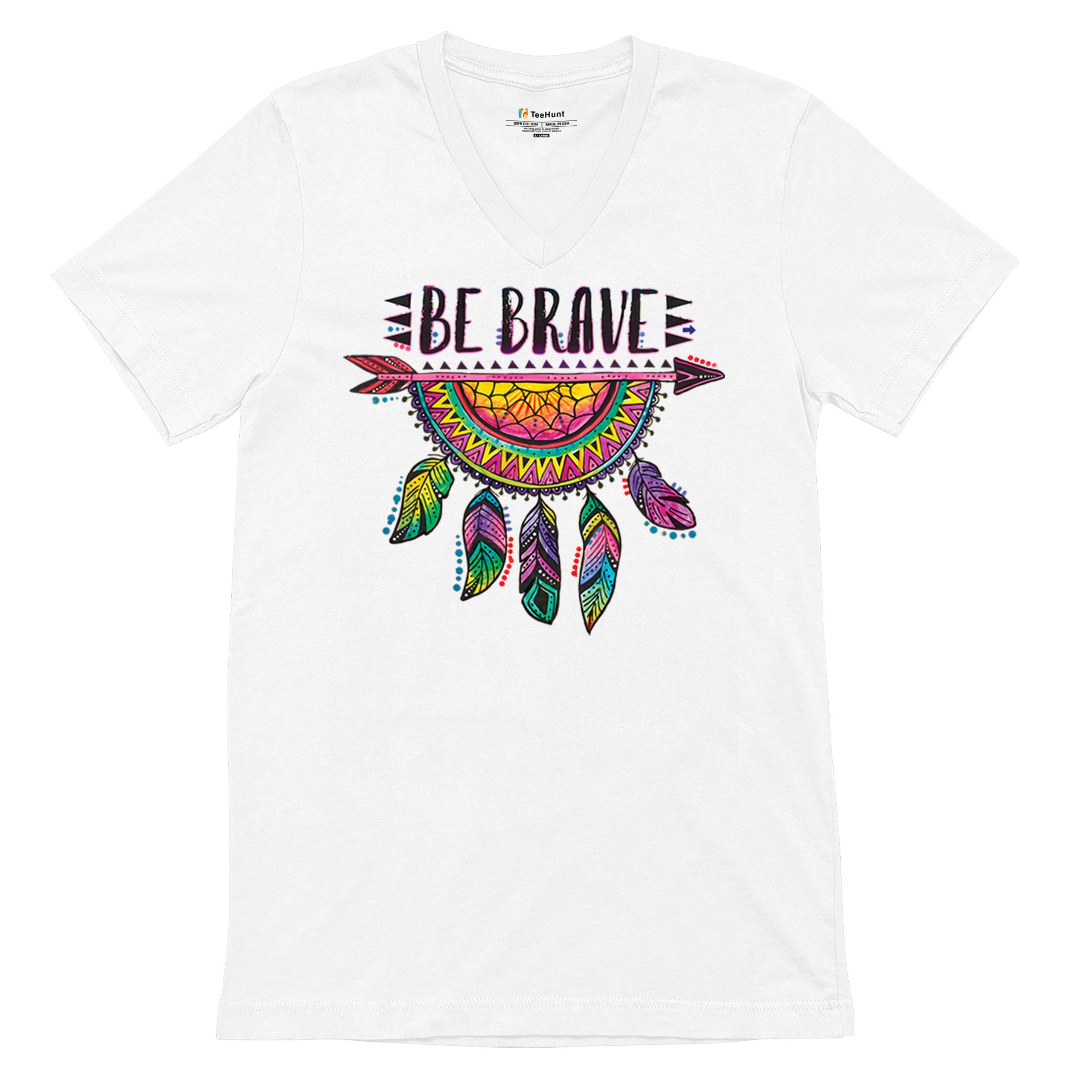Be Brave Dream Catcher V-Neck T-shirt Dean Russo Motivation Feather Tee - Picture 20 of 29