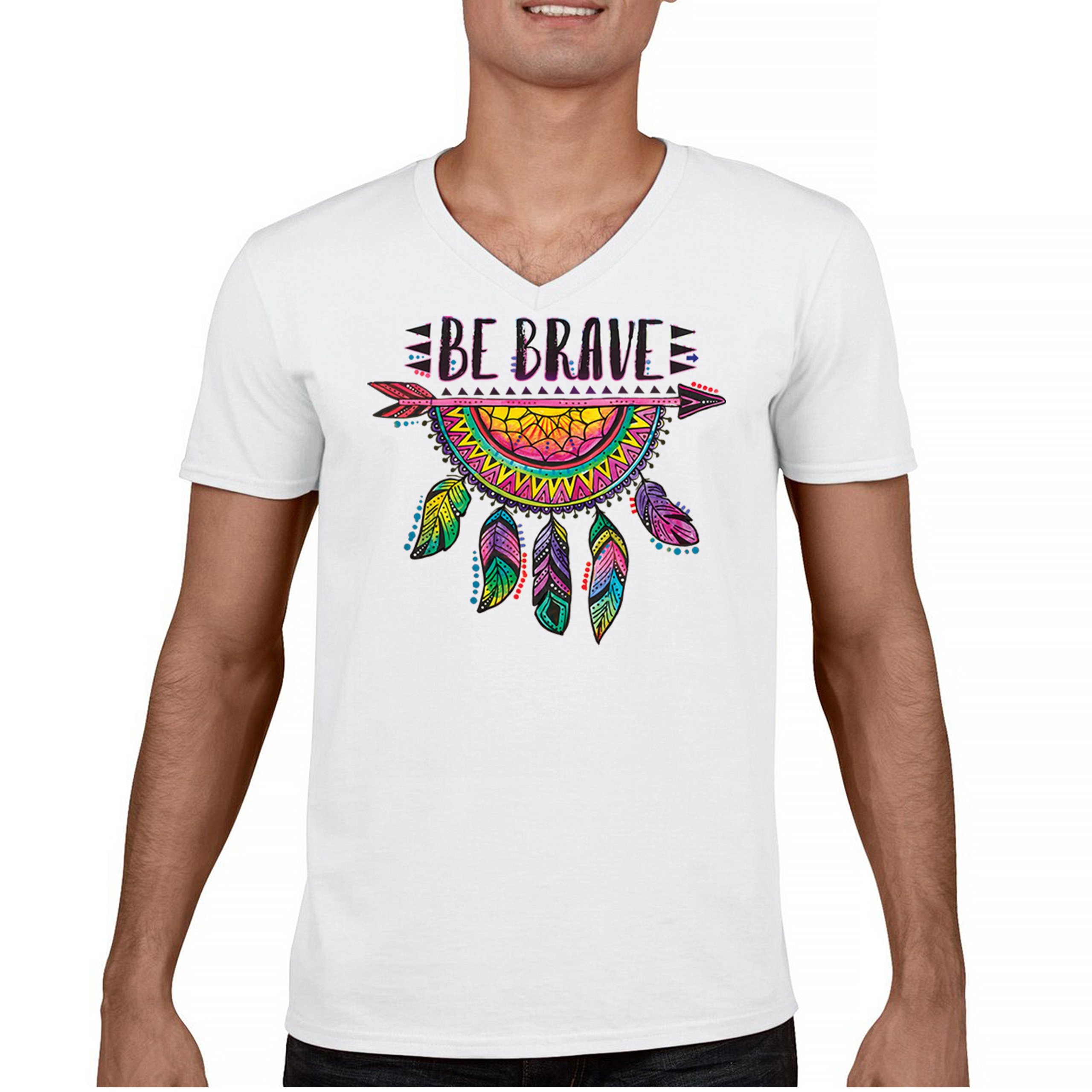 Be Brave Dream Catcher V-Neck T-shirt Dean Russo Motivation Feather Tee - Picture 16 of 29