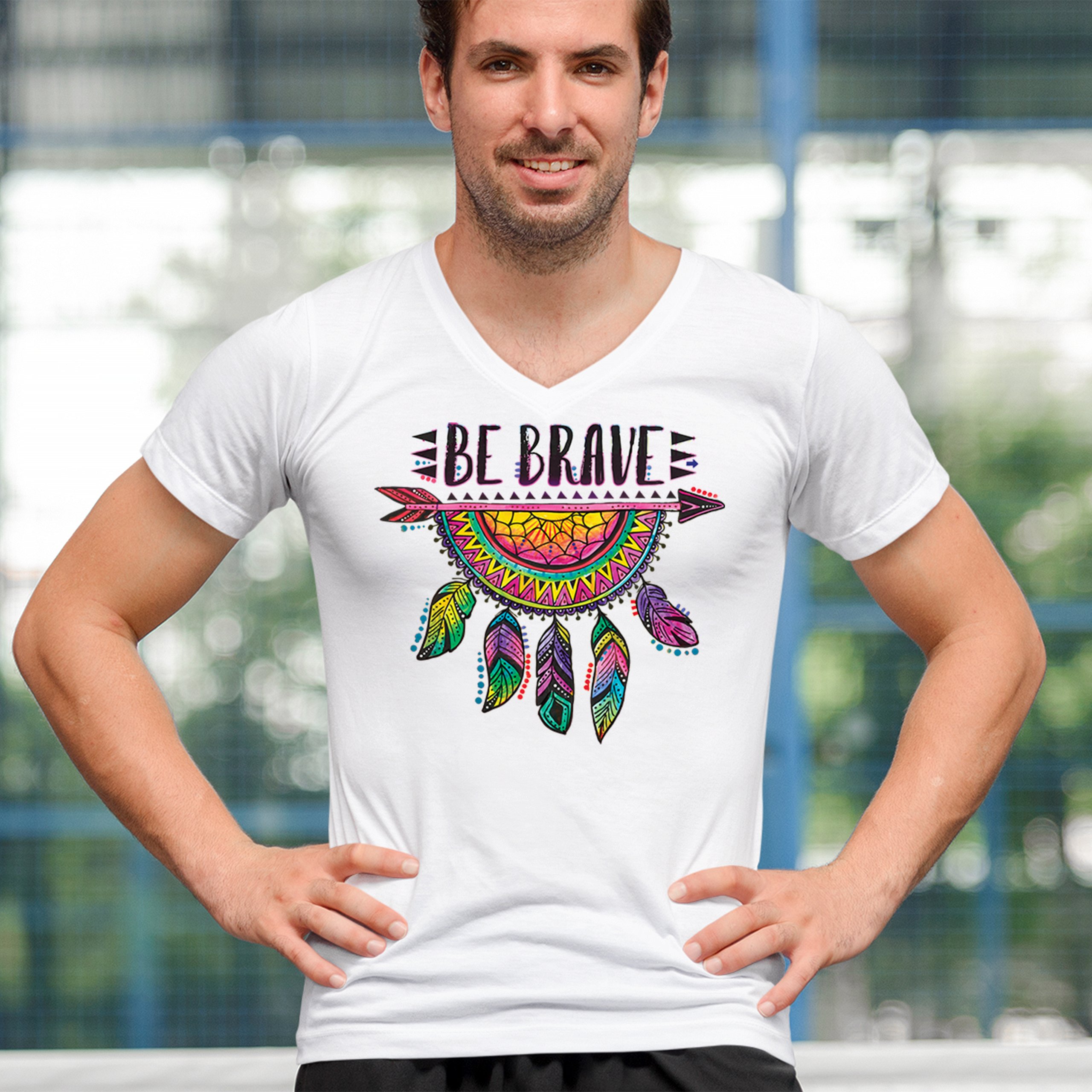 Be Brave Dream Catcher V-Neck T-shirt Dean Russo Motivation Feather Tee - Picture 19 of 29