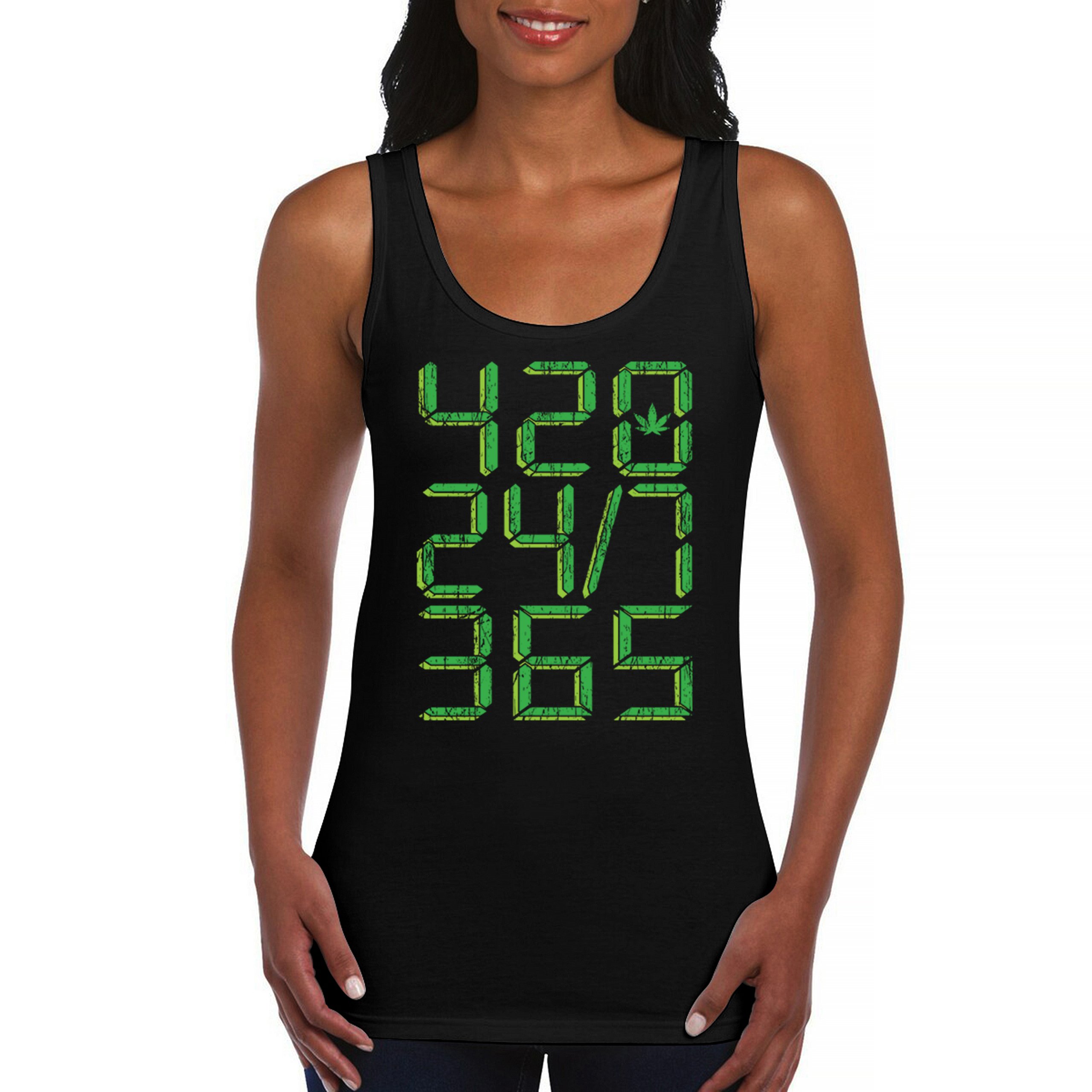 420 24 7 365 Smoke Weed Women’s Tank Top Leaf Marijuana Cannabis Green Herb