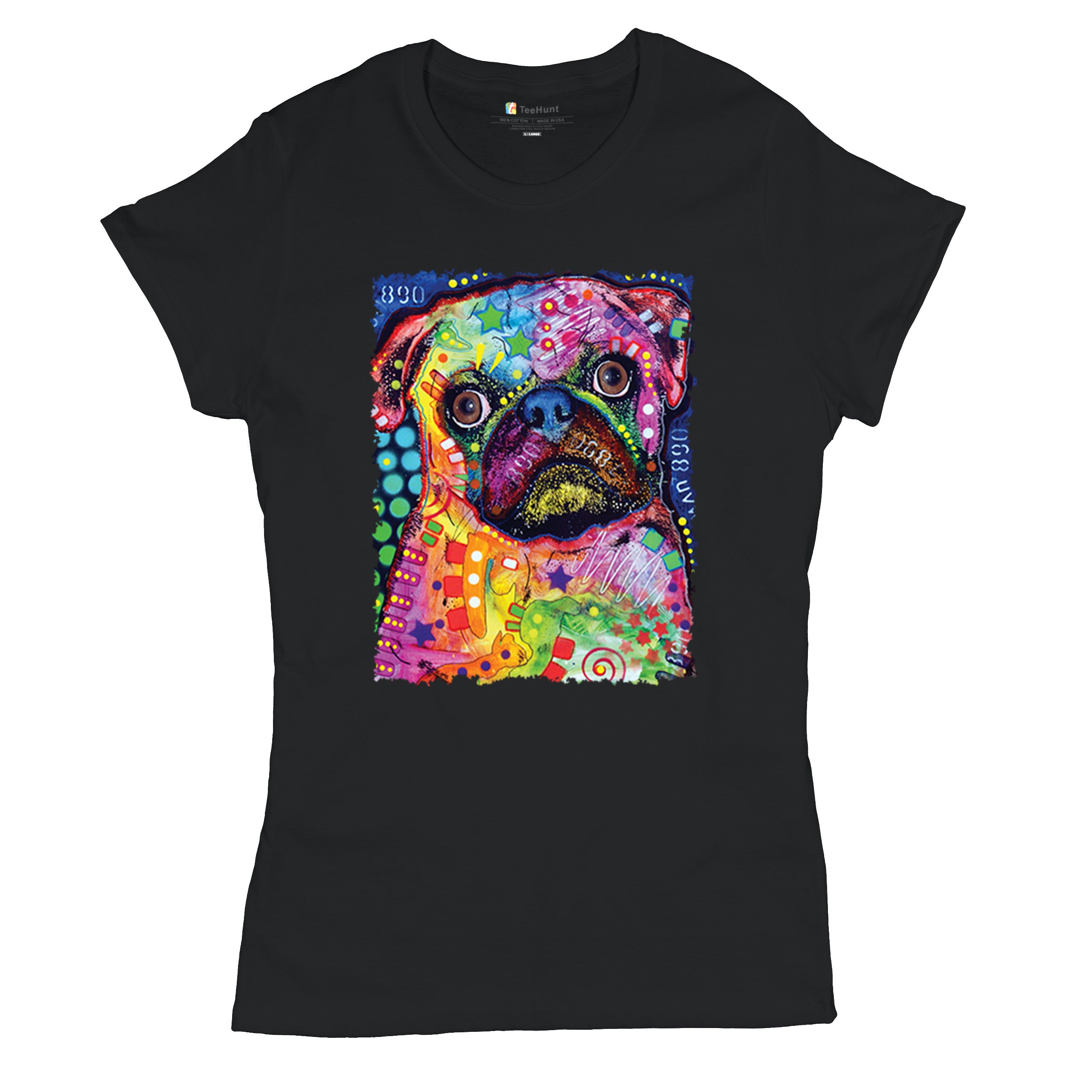 Cute Pug Puppy T-Shirt Dean Russo Colorful Neon Mosaic Dog Art Women's Tee