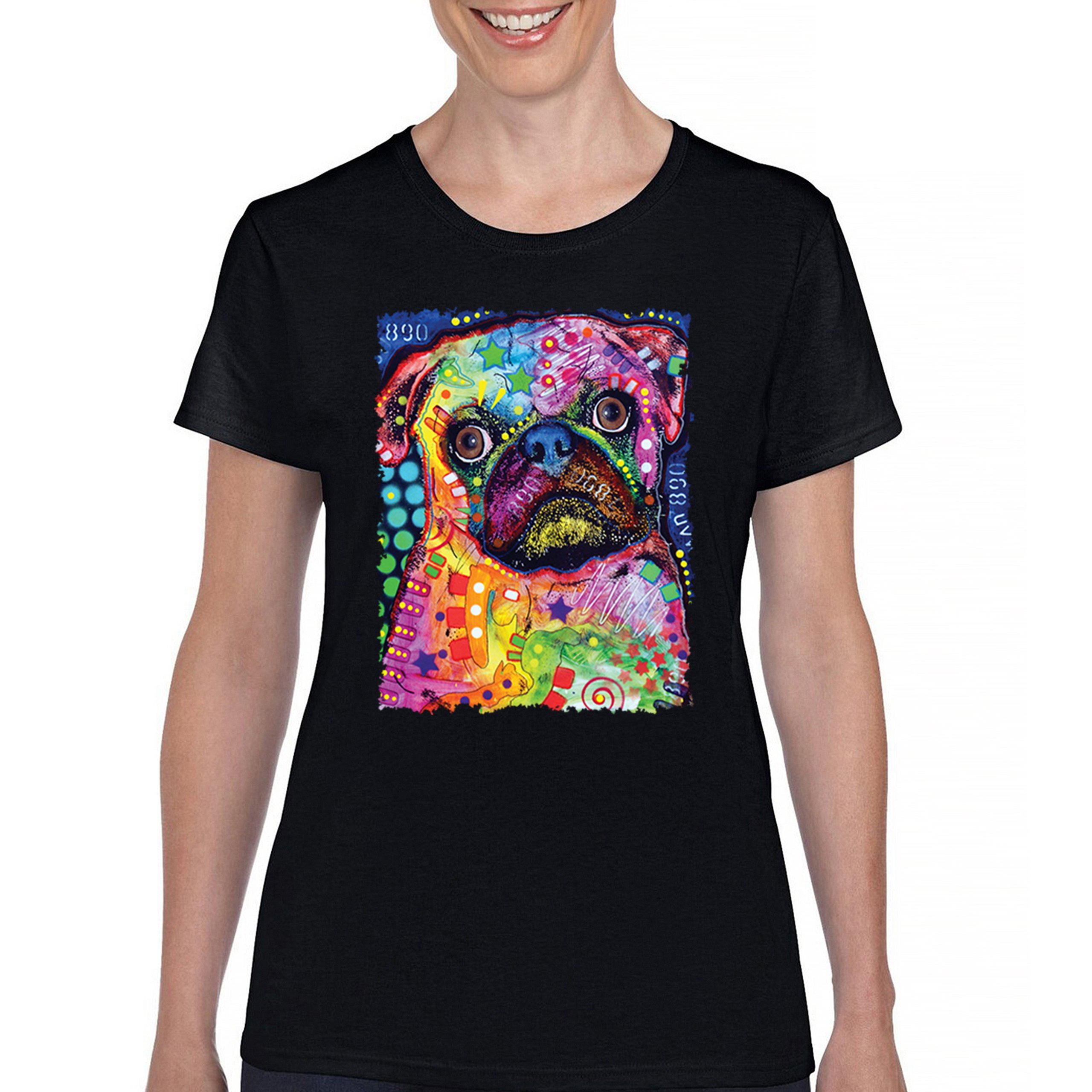 Cute Pug Puppy T-Shirt Dean Russo Colorful Neon Mosaic Dog Art Women's Tee