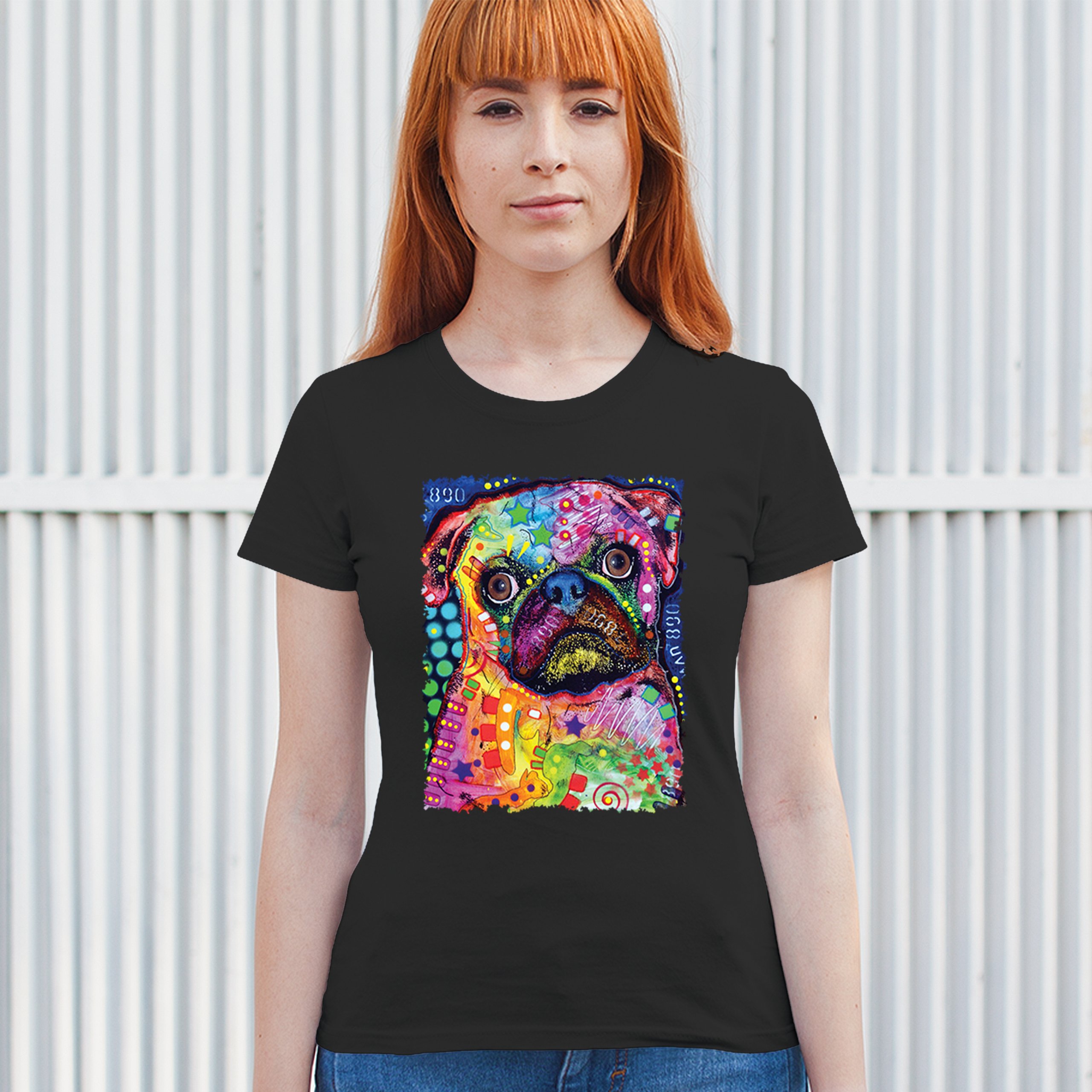 Cute Pug Puppy T-Shirt Dean Russo Colorful Neon Mosaic Dog Art Women's Tee