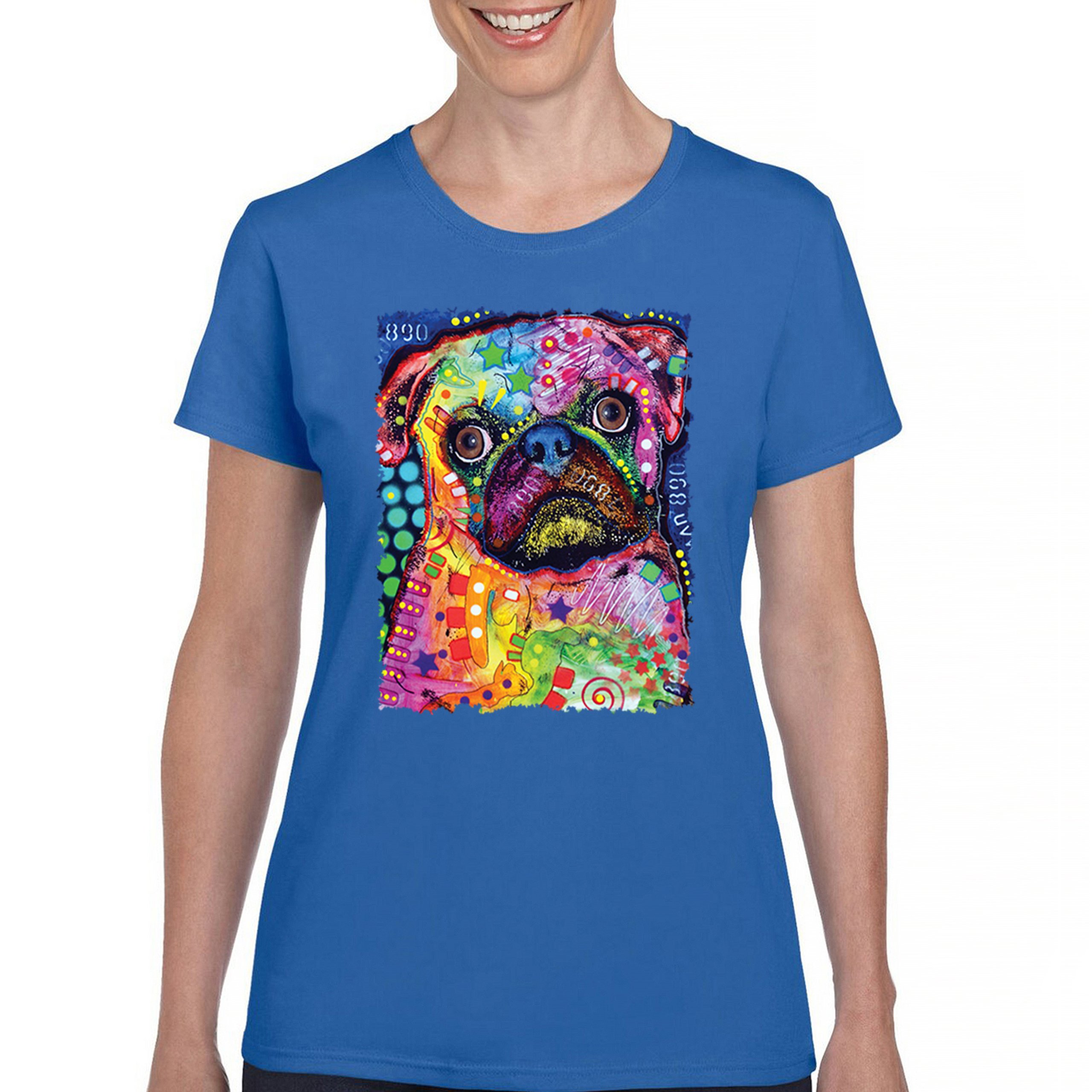 Cute Pug Puppy T-Shirt Dean Russo Colorful Neon Mosaic Dog Art Women's Tee