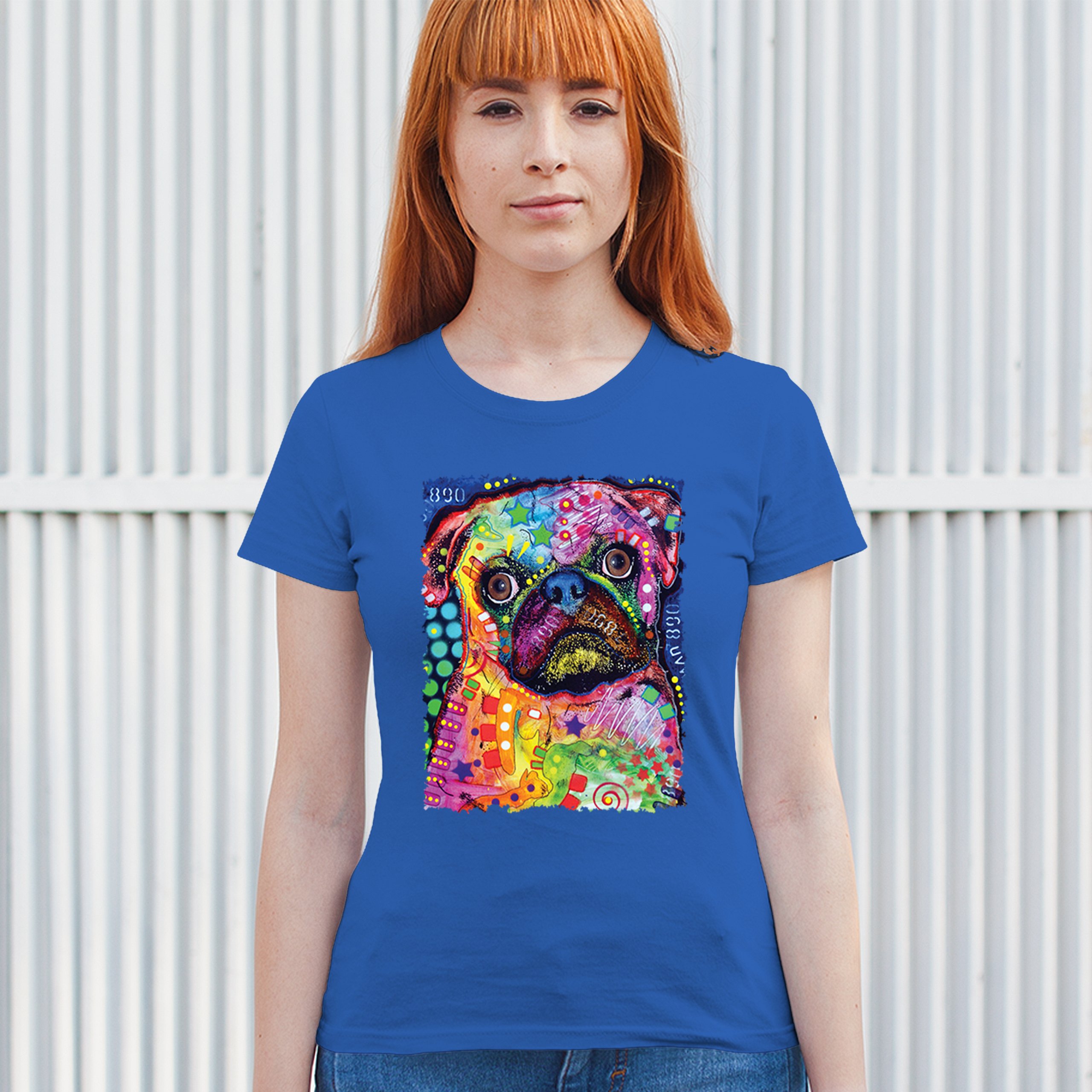 Cute Pug Puppy T-Shirt Dean Russo Colorful Neon Mosaic Dog Art Women's Tee