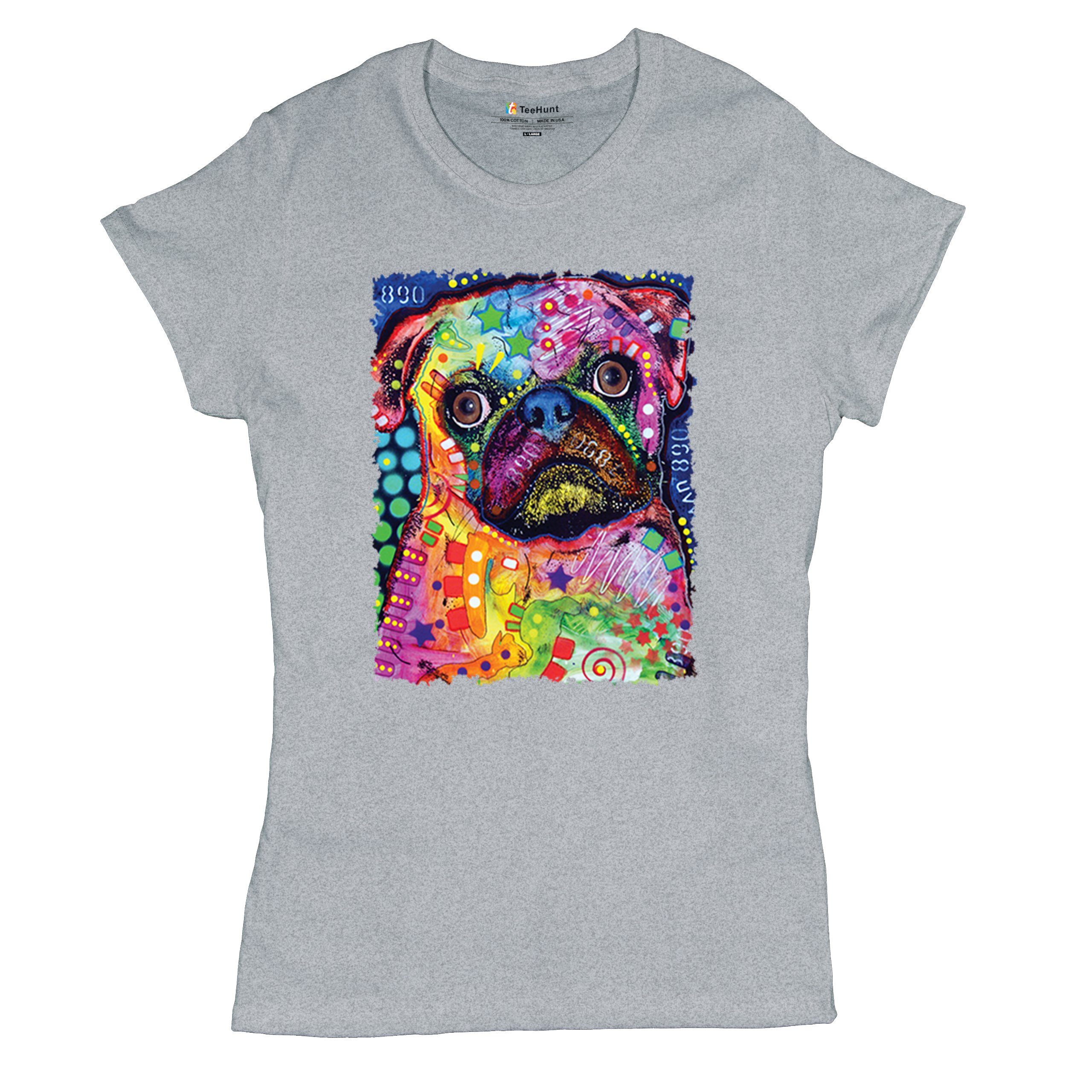 Cute Pug Puppy T-Shirt Dean Russo Colorful Neon Mosaic Dog Art Women's Tee