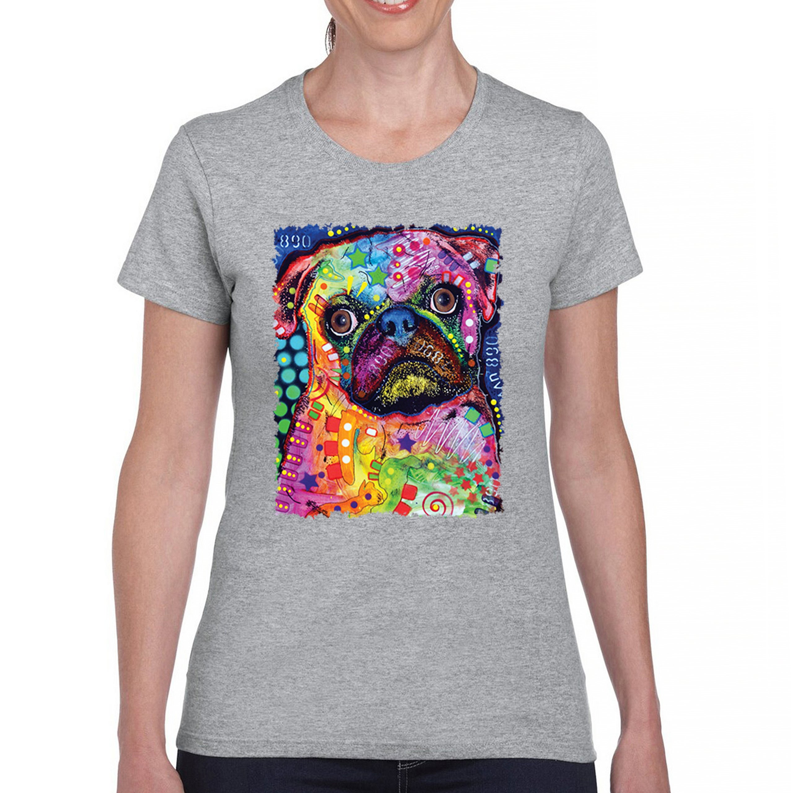 Cute Pug Puppy T-Shirt Dean Russo Colorful Neon Mosaic Dog Art Women's Tee