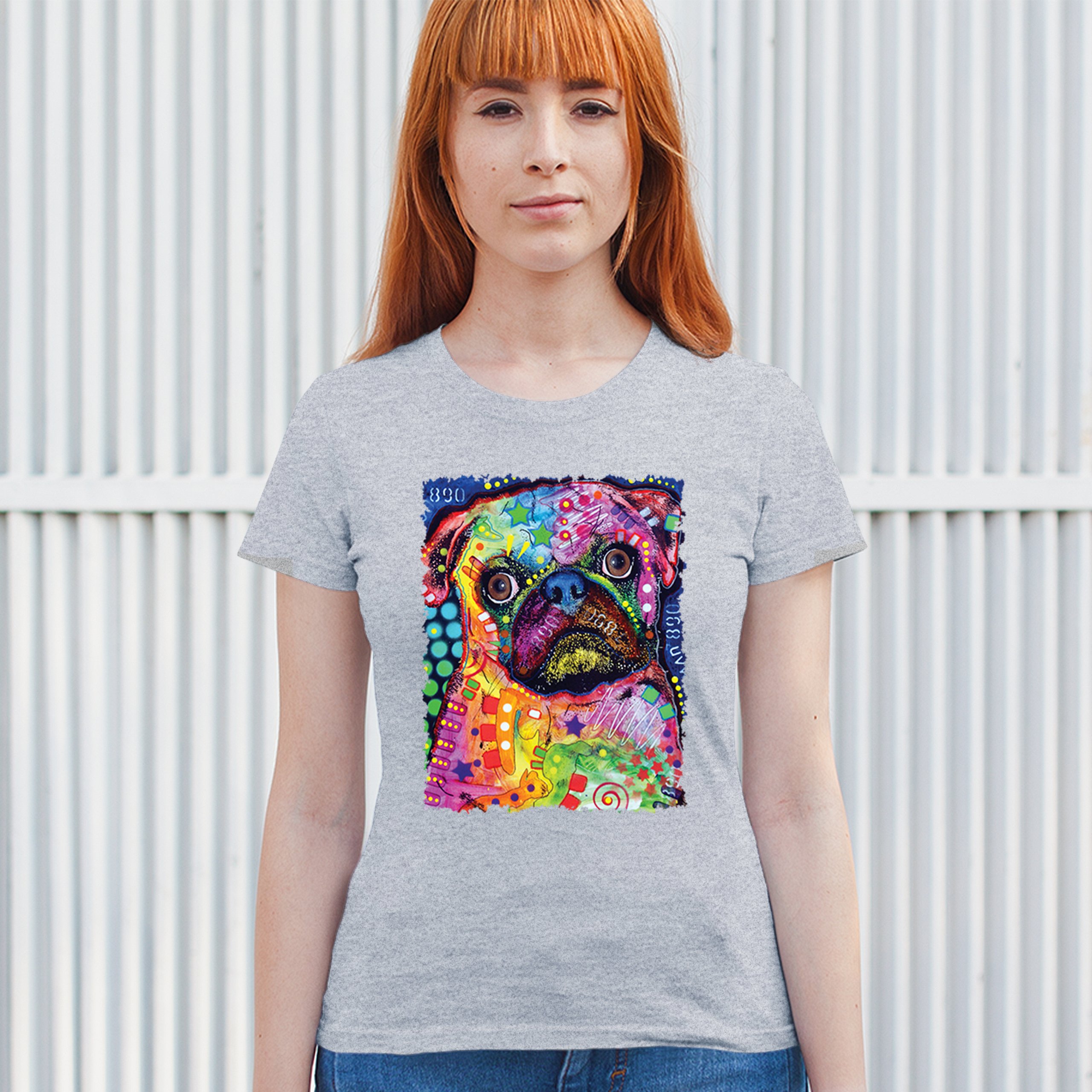 Cute Pug Puppy T-Shirt Dean Russo Colorful Neon Mosaic Dog Art Women's Tee