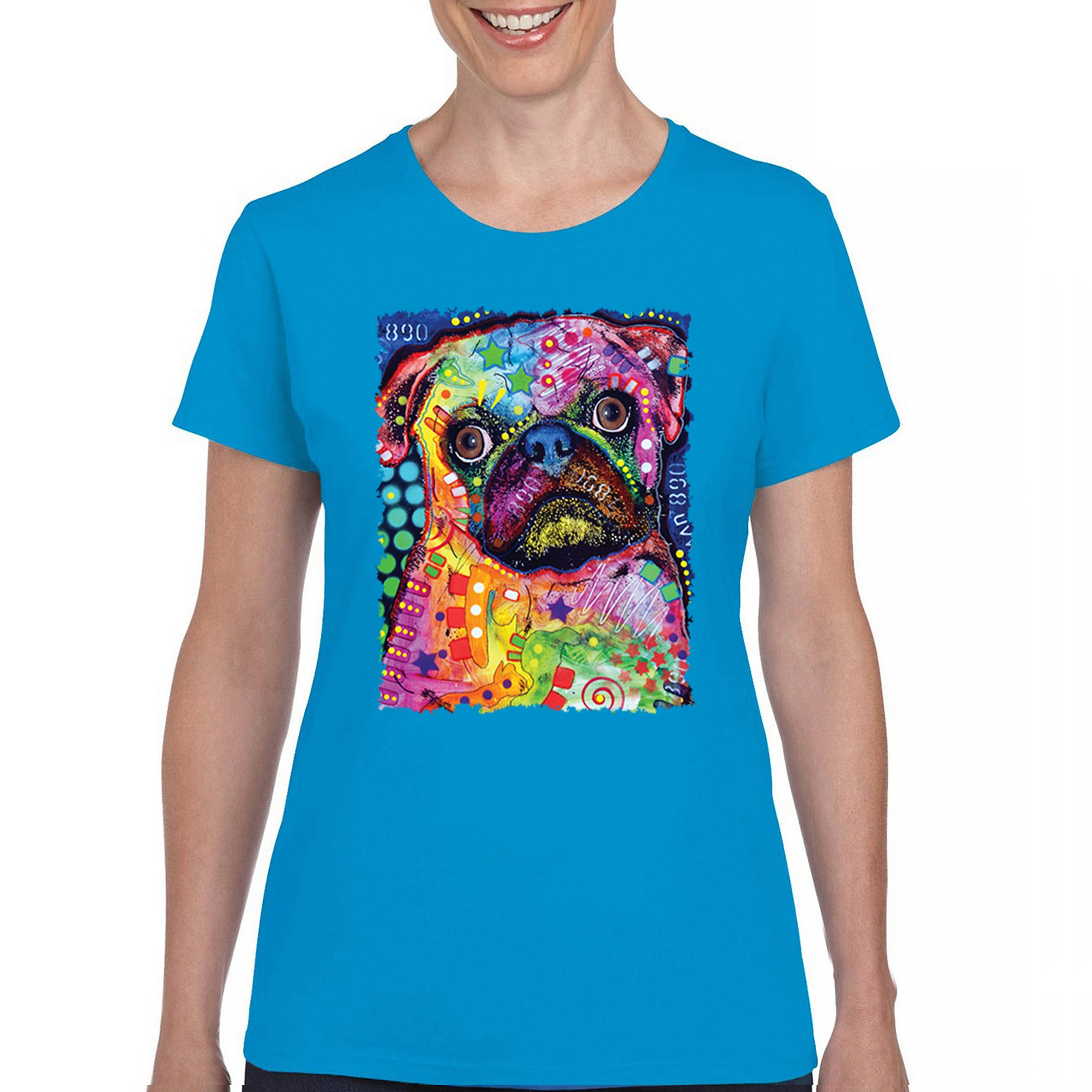 Cute Pug Puppy T-Shirt Dean Russo Colorful Neon Mosaic Dog Art Women's Tee