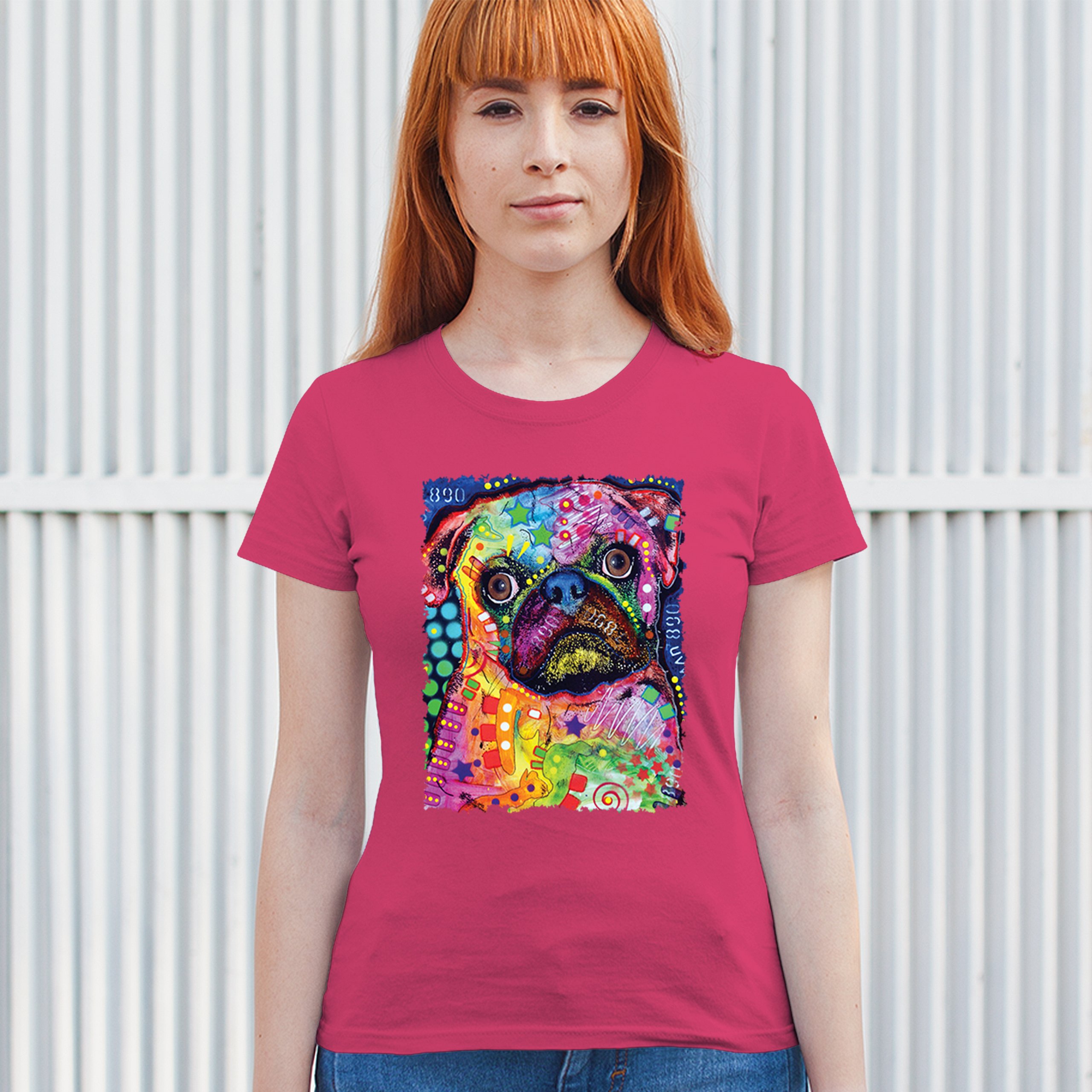 Cute Pug Puppy T-Shirt Dean Russo Colorful Neon Mosaic Dog Art Women's Tee