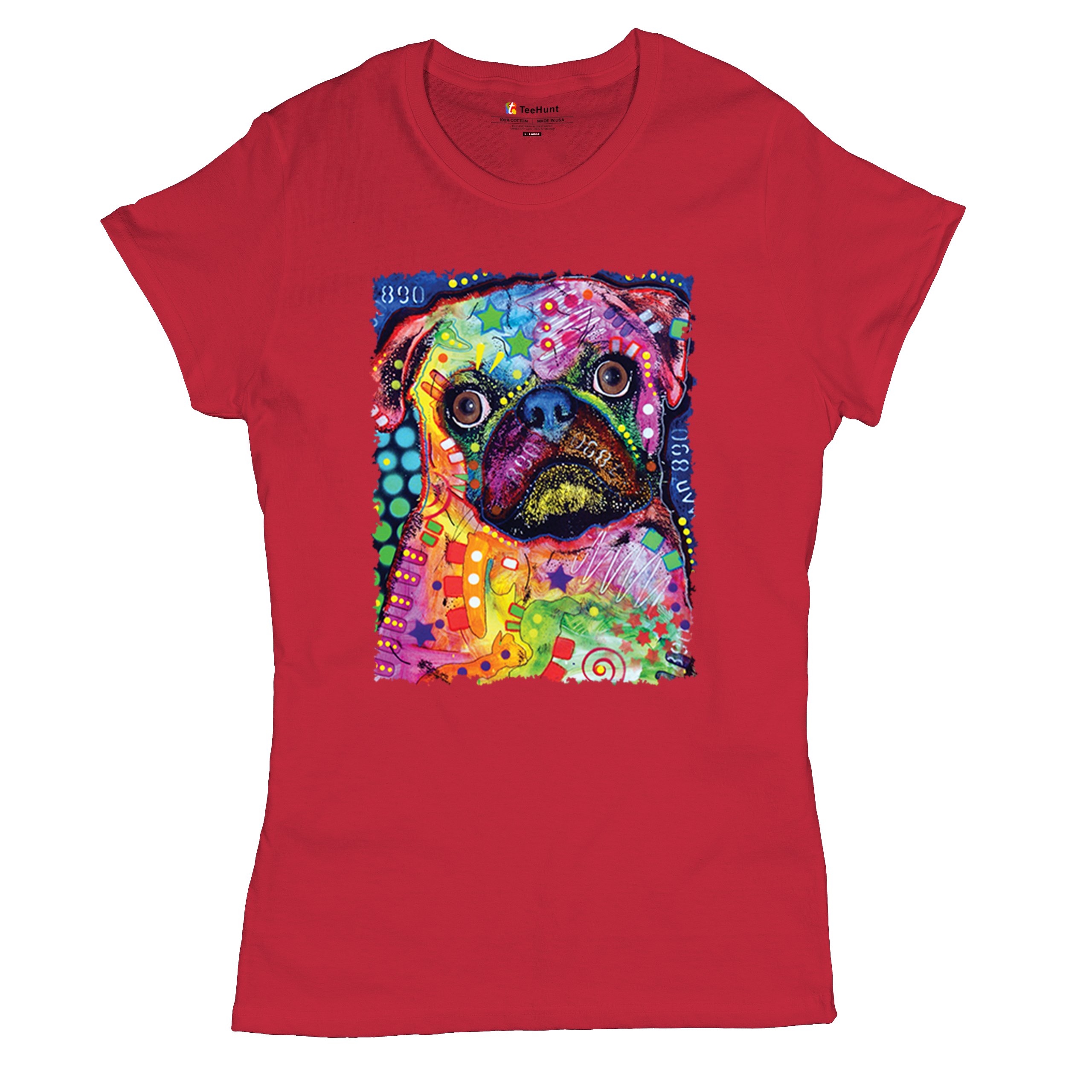 Cute Pug Puppy T-Shirt Dean Russo Colorful Neon Mosaic Dog Art Women's Tee