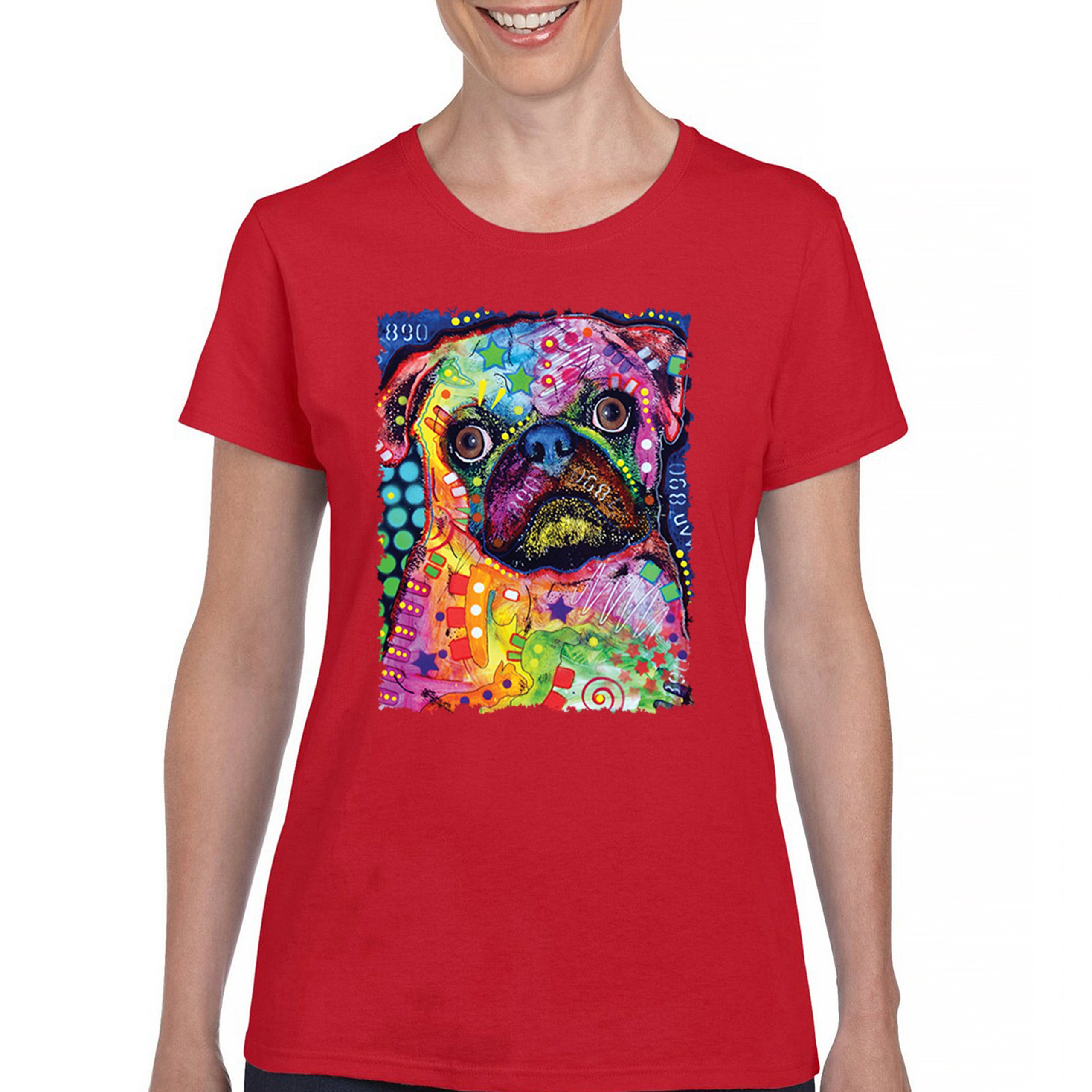 Cute Pug Puppy T-Shirt Dean Russo Colorful Neon Mosaic Dog Art Women's Tee