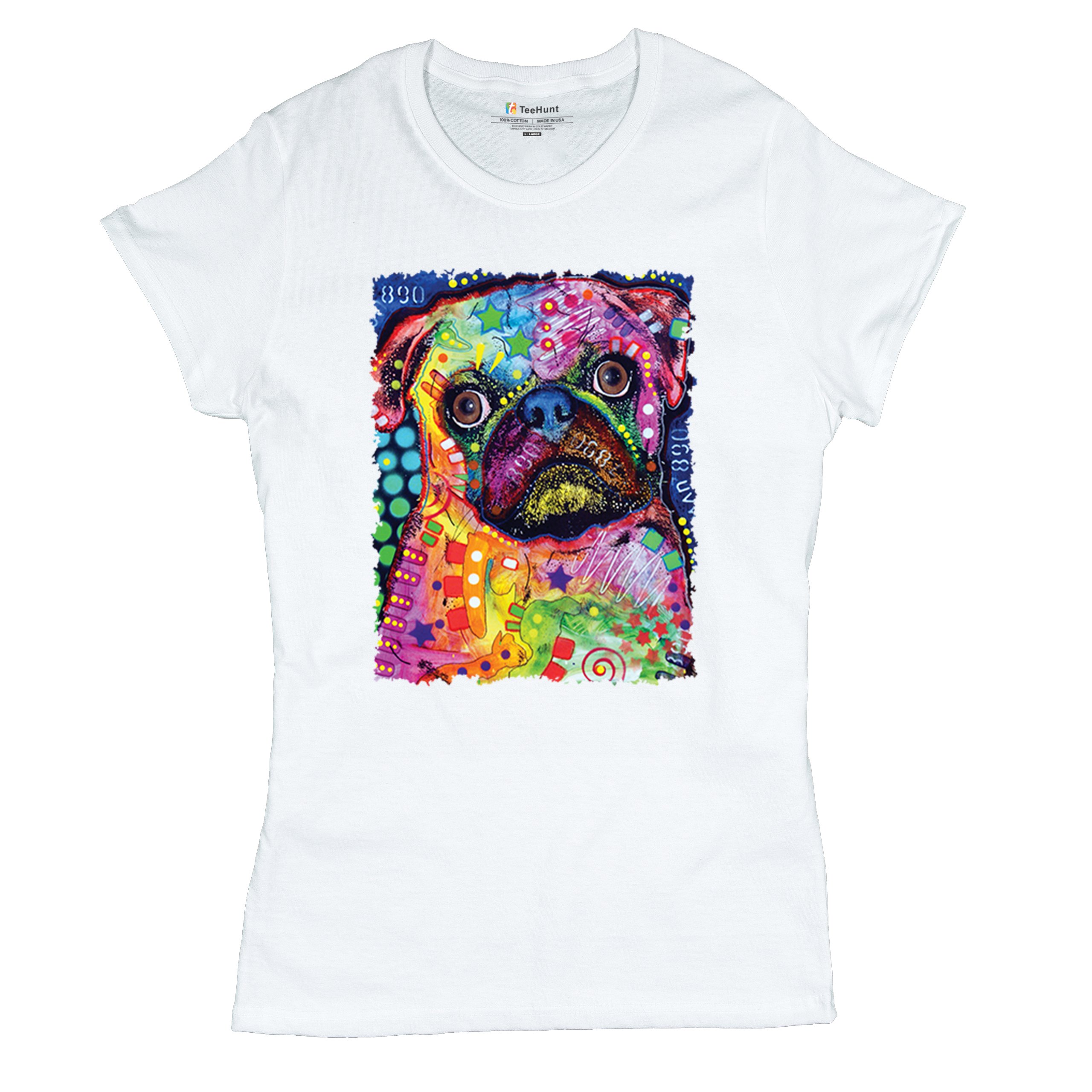 Cute Pug Puppy T-Shirt Dean Russo Colorful Neon Mosaic Dog Art Women's Tee