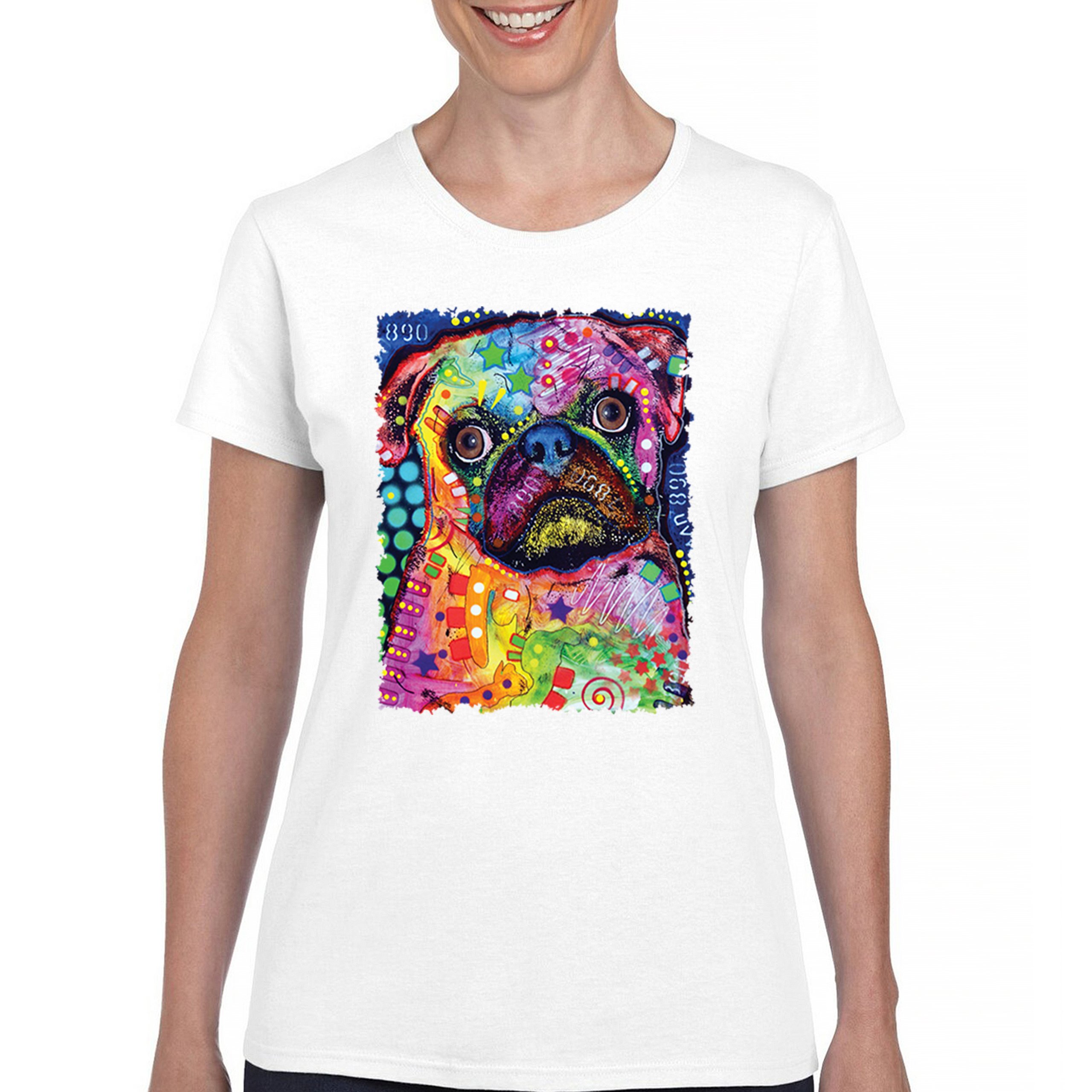 Cute Pug Puppy T-Shirt Dean Russo Colorful Neon Mosaic Dog Art Women's Tee