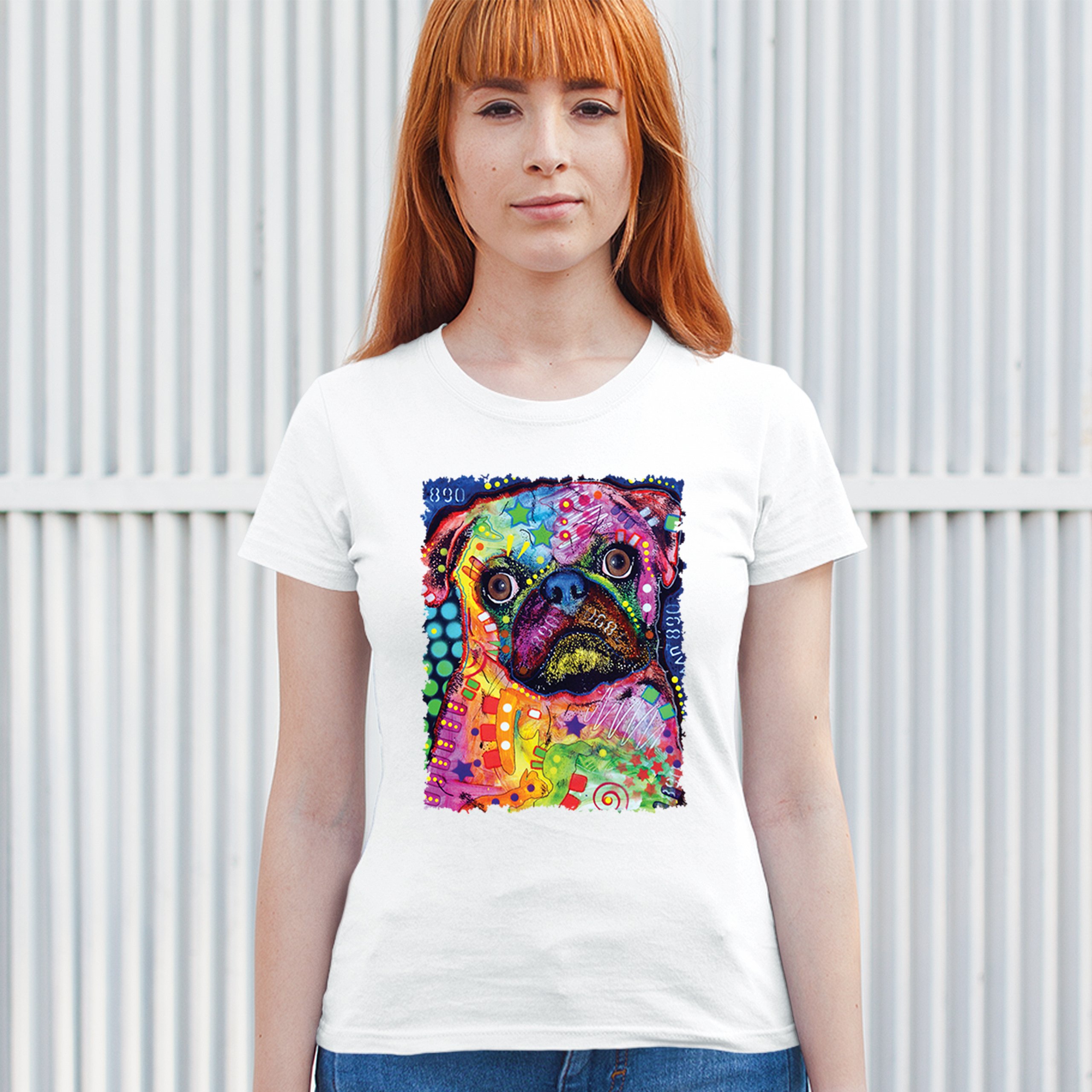 Cute Pug Puppy T-Shirt Dean Russo Colorful Neon Mosaic Dog Art Women's Tee