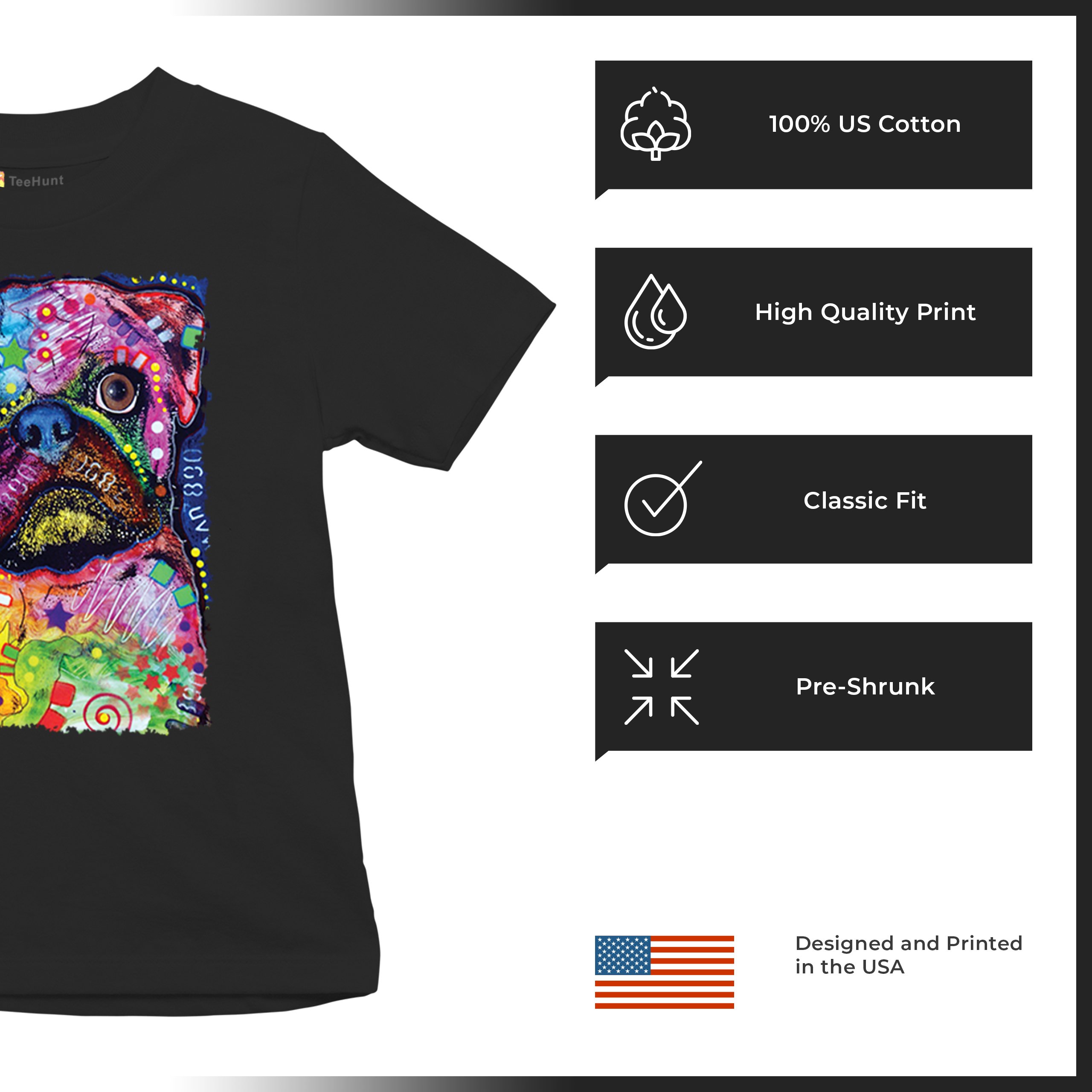 Cute Pug Puppy Youth T-shirt Dean Russo Colorful Neon Mosaic Dog Art Kids - Picture 7 of 50