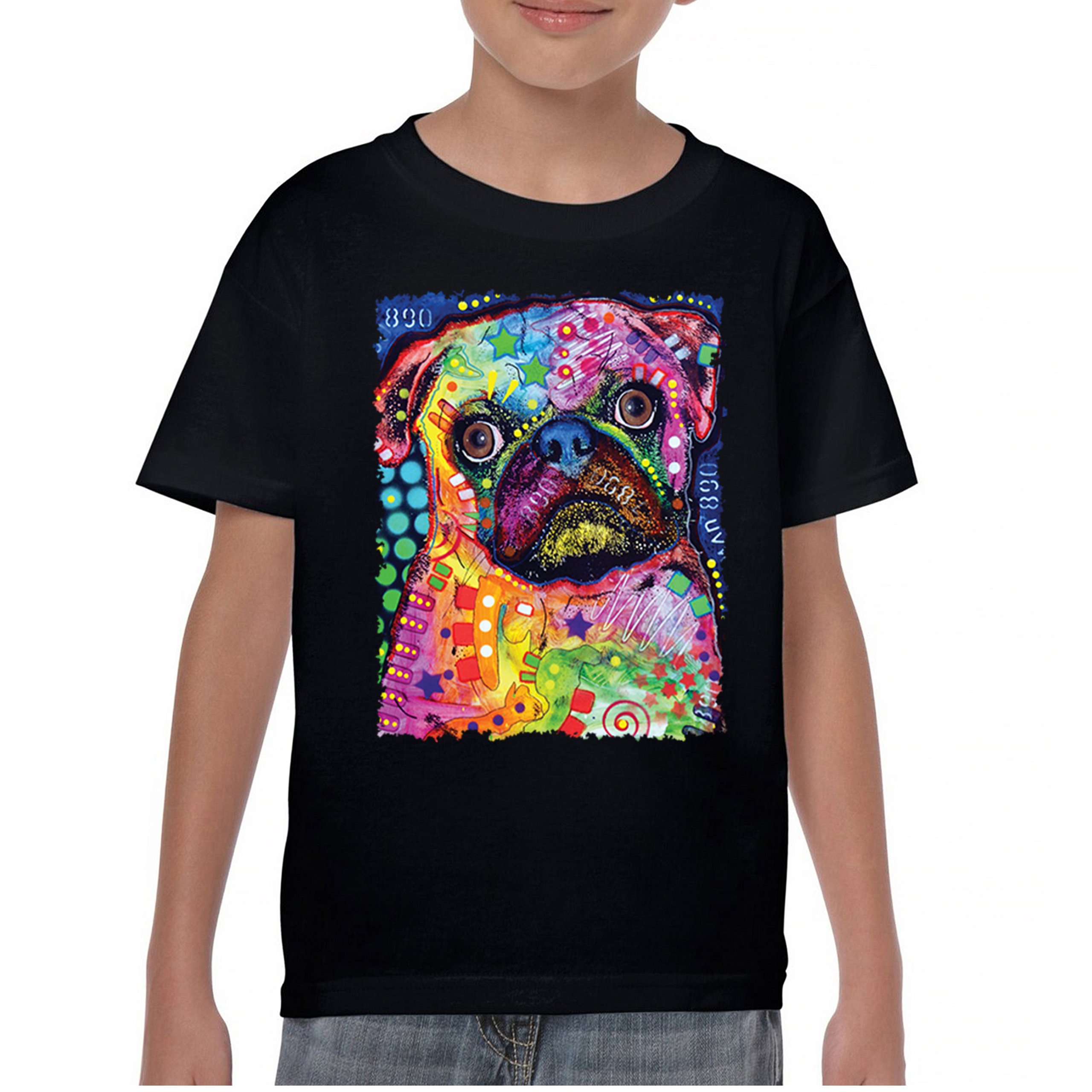 Cute Pug Puppy Youth T-shirt Dean Russo Colorful Neon Mosaic Dog Art Kids - Picture 2 of 50