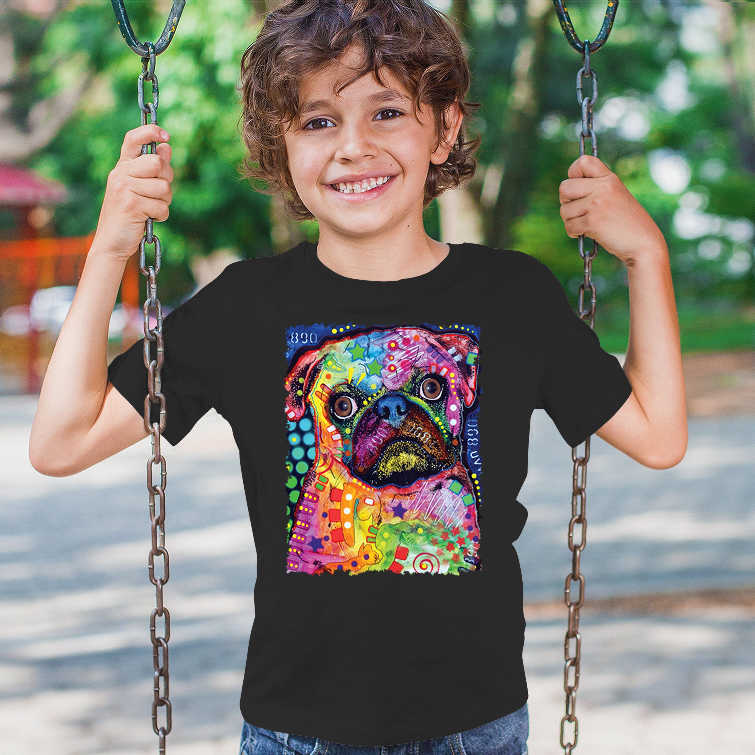 Cute Pug Puppy Youth T-shirt Dean Russo Colorful Neon Mosaic Dog Art Kids - Picture 5 of 50