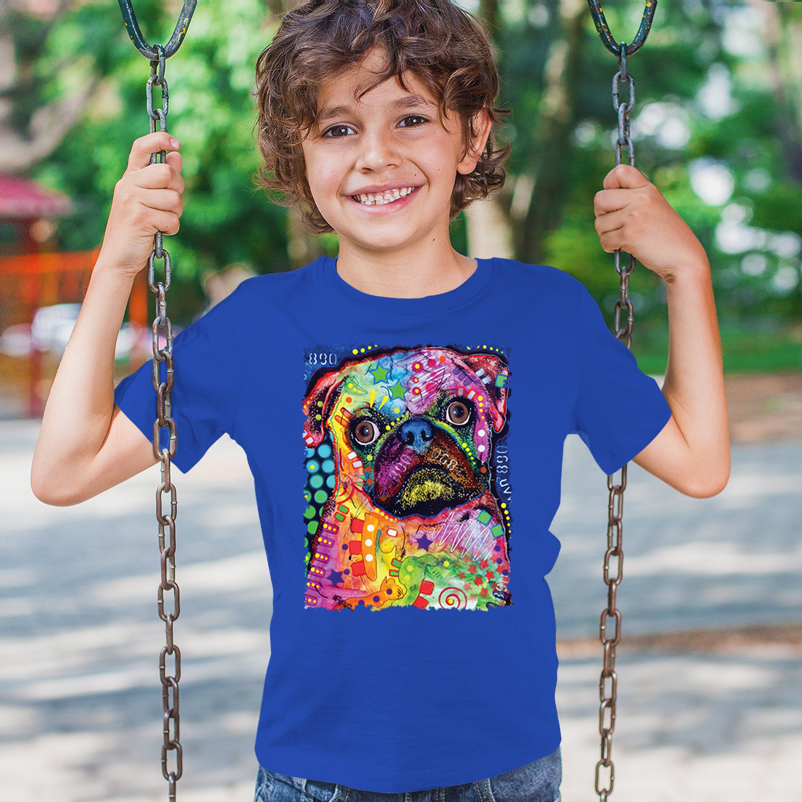 Cute Pug Puppy Youth T-shirt Dean Russo Colorful Neon Mosaic Dog Art Kids - Picture 40 of 50