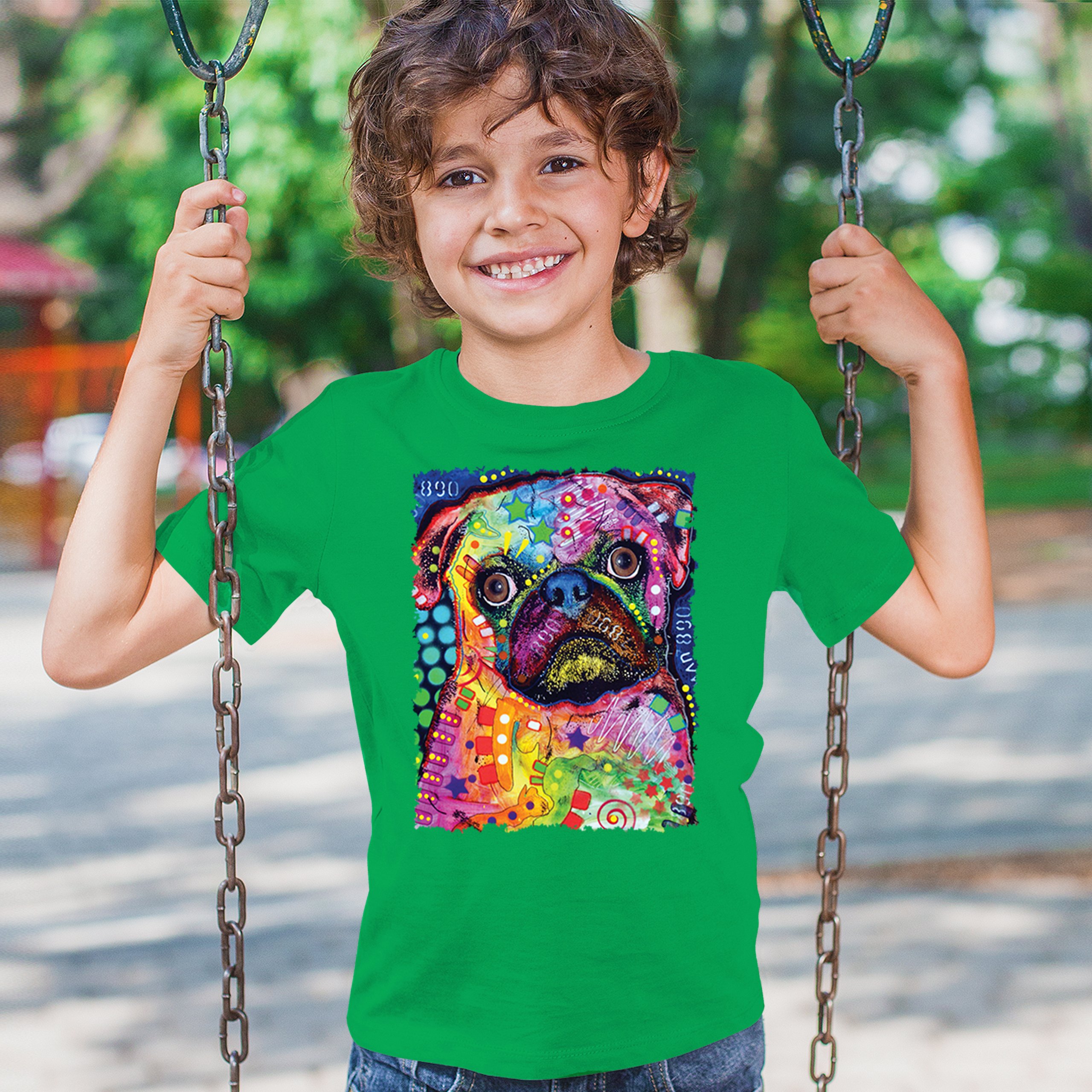 Cute Pug Puppy Youth T-shirt Dean Russo Colorful Neon Mosaic Dog Art Kids - Picture 33 of 50