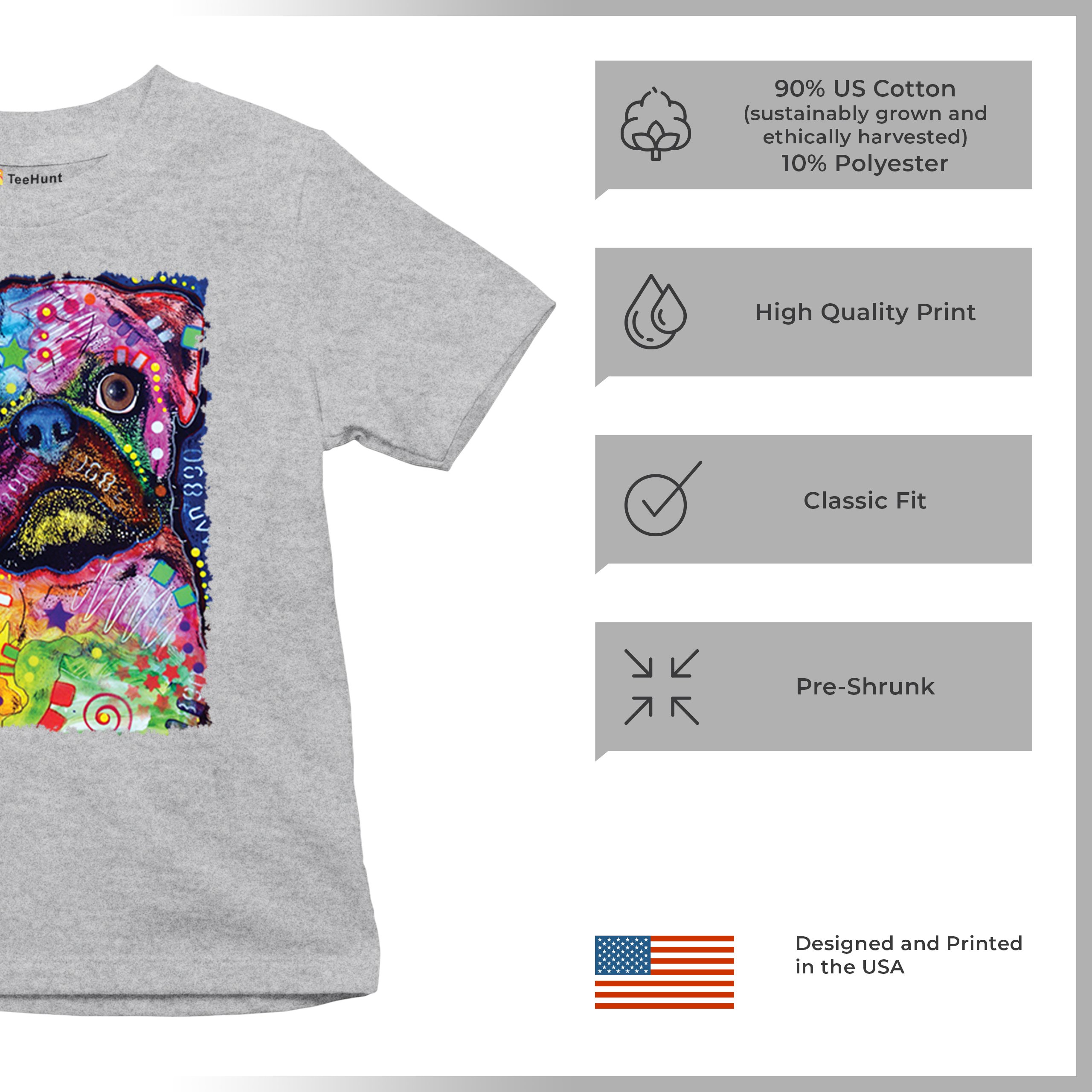 Cute Pug Puppy Youth T-shirt Dean Russo Colorful Neon Mosaic Dog Art Kids - Picture 14 of 50