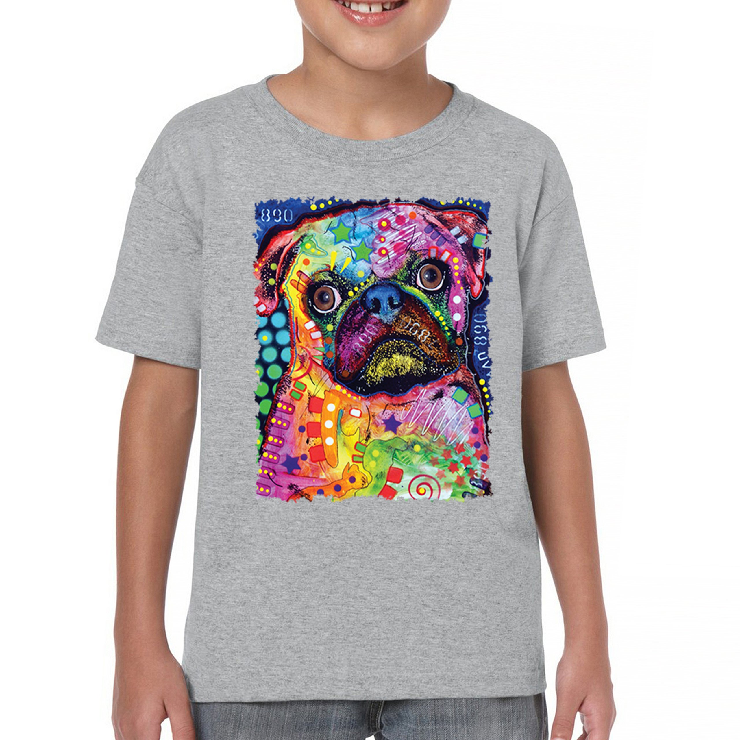 Cute Pug Puppy Youth T-shirt Dean Russo Colorful Neon Mosaic Dog Art Kids - Picture 9 of 50