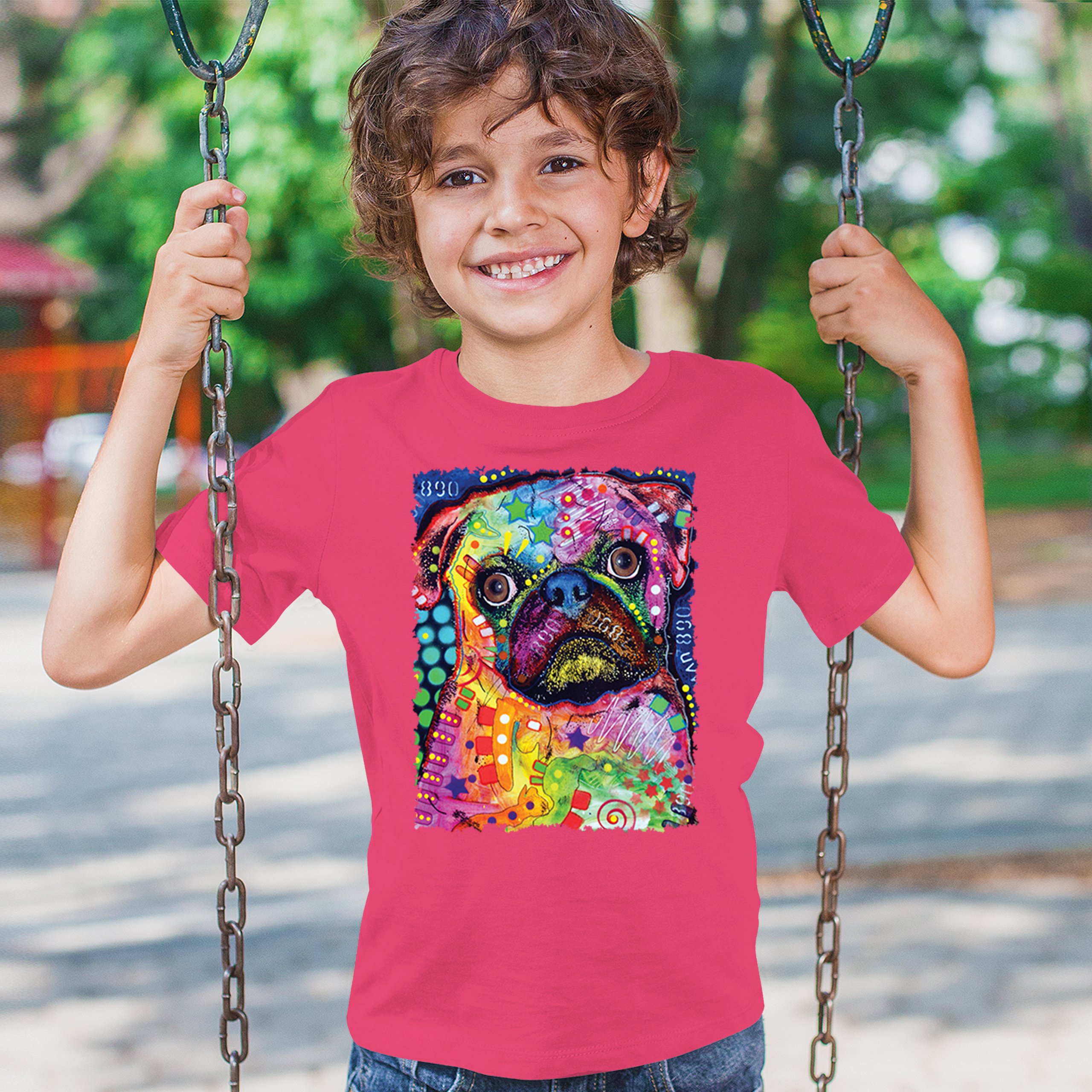 Cute Pug Puppy Youth T-shirt Dean Russo Colorful Neon Mosaic Dog Art Kids - Picture 47 of 50