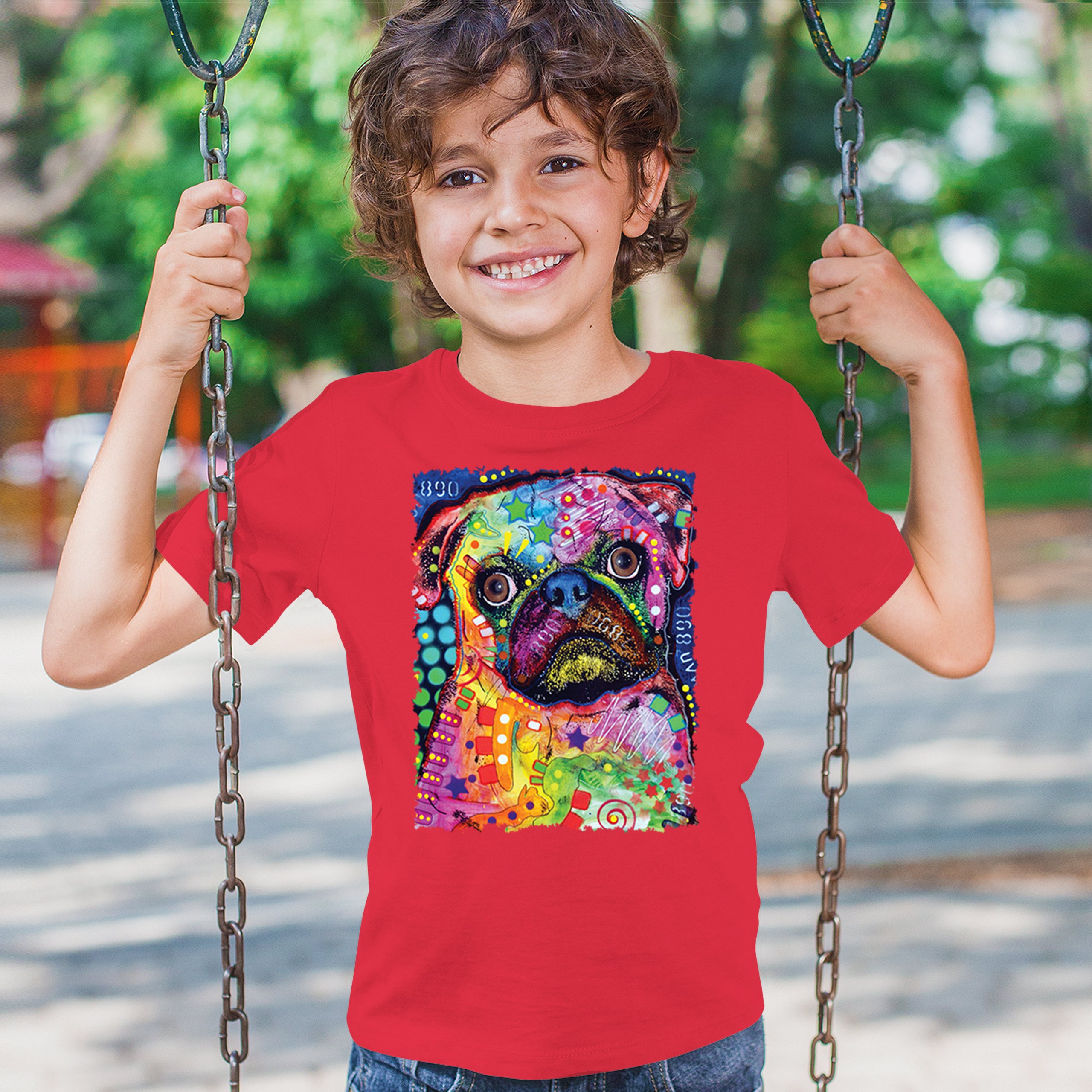 Cute Pug Puppy Youth T-shirt Dean Russo Colorful Neon Mosaic Dog Art Kids - Picture 19 of 50