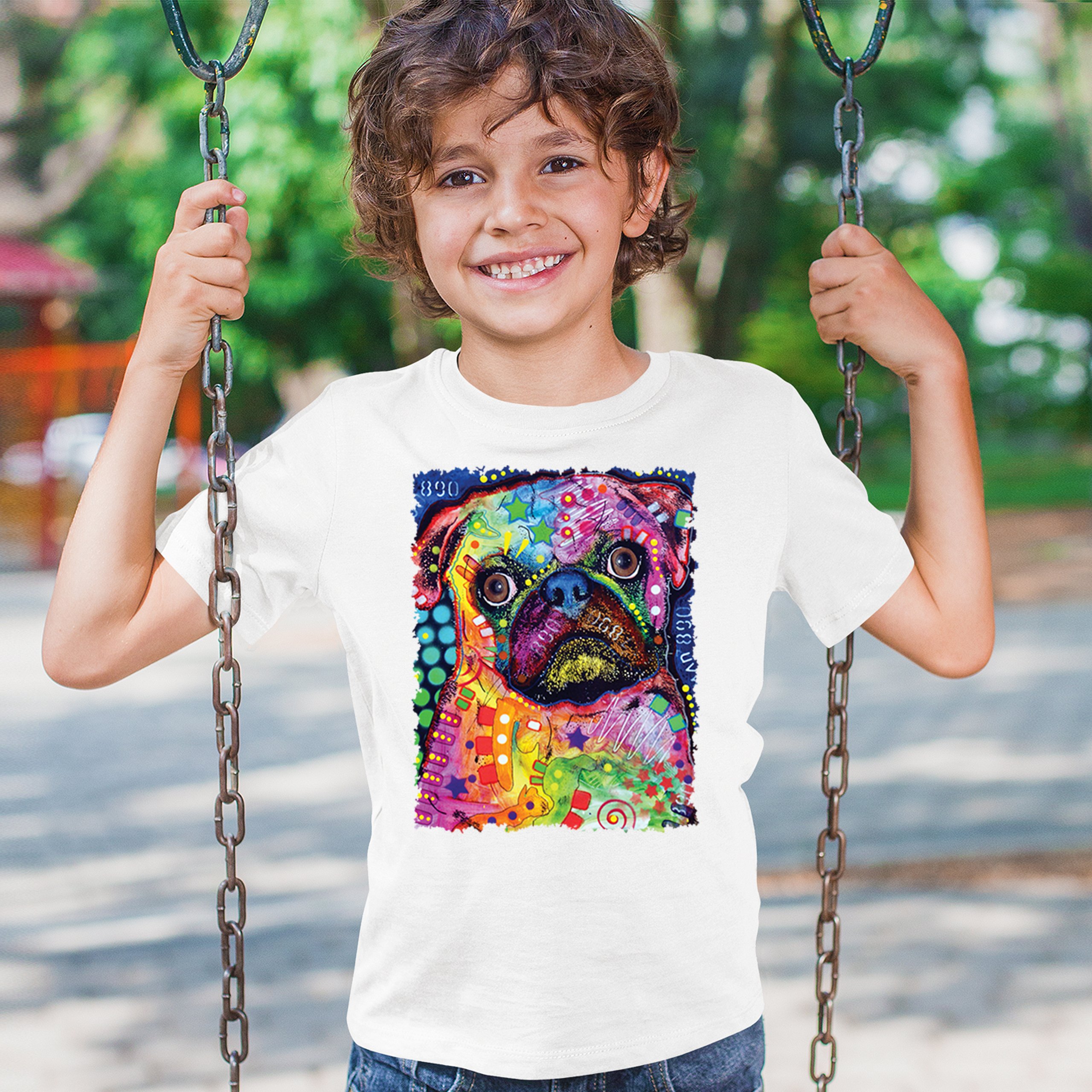 Cute Pug Puppy Youth T-shirt Dean Russo Colorful Neon Mosaic Dog Art Kids - Picture 26 of 50