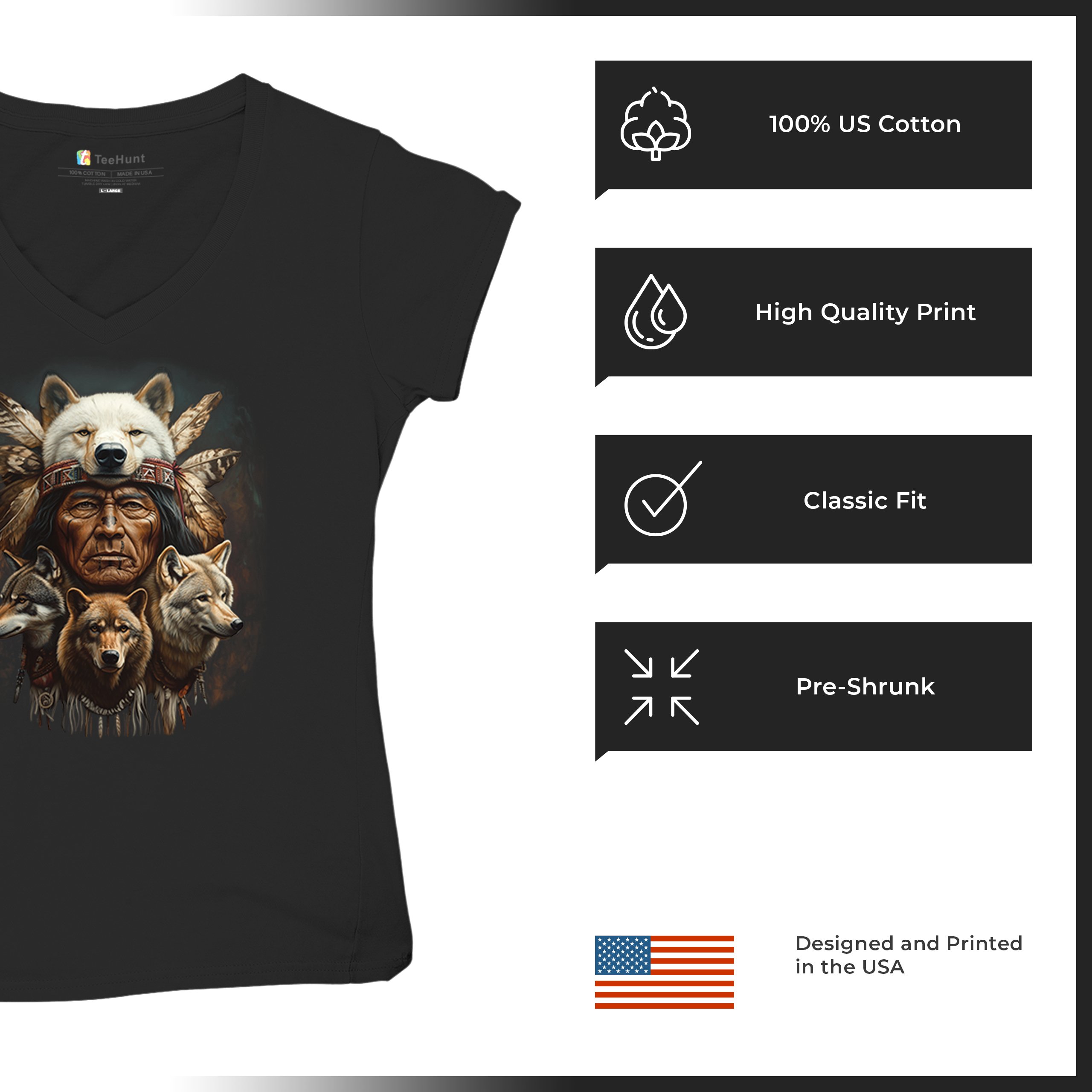 Native American Wolf Chief Women's V-Neck T-shirt Headdress Warrior Totem Tee - Picture 7 of 71