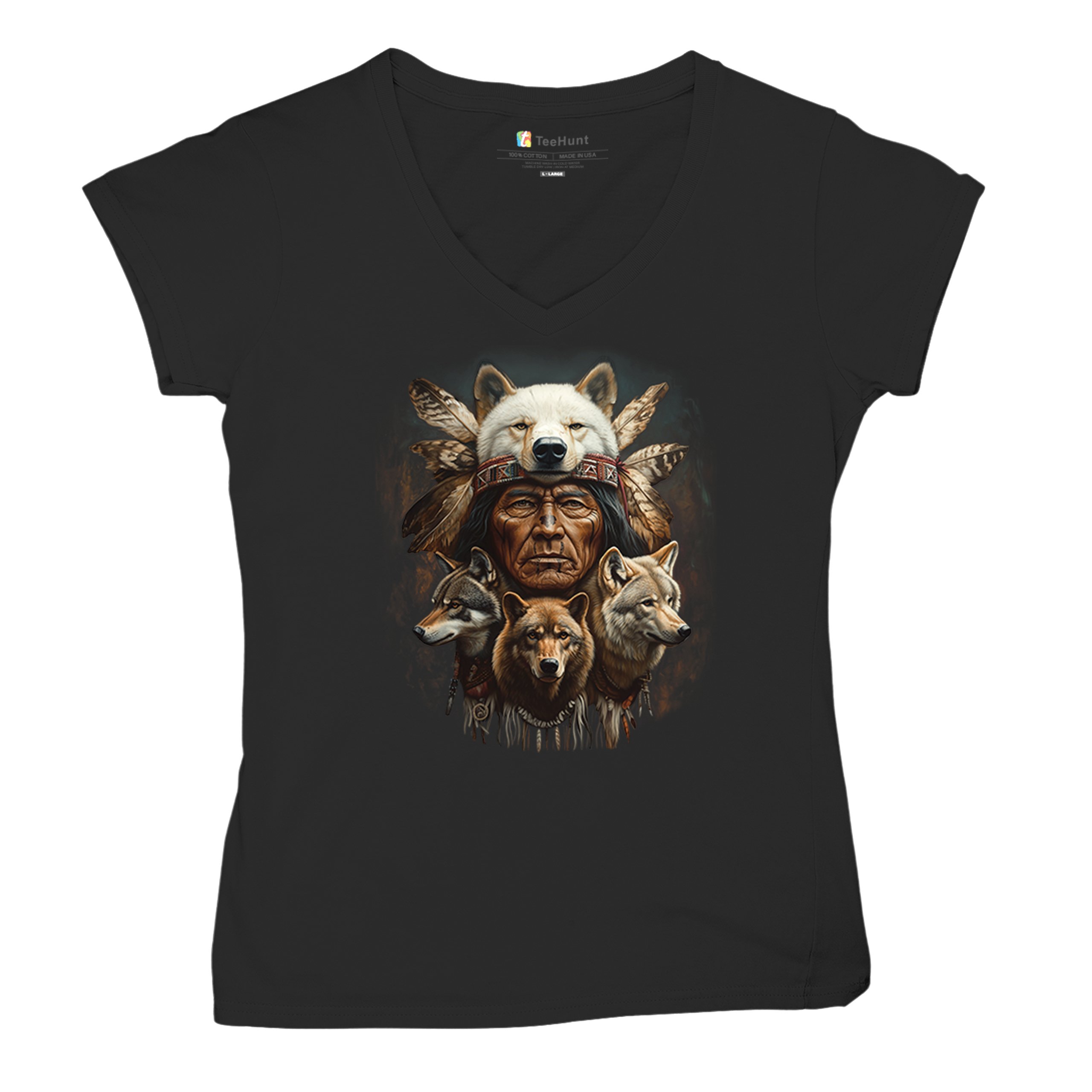 Native American Wolf Chief Women's V-Neck T-shirt Headdress Warrior Totem Tee - Picture 6 of 71