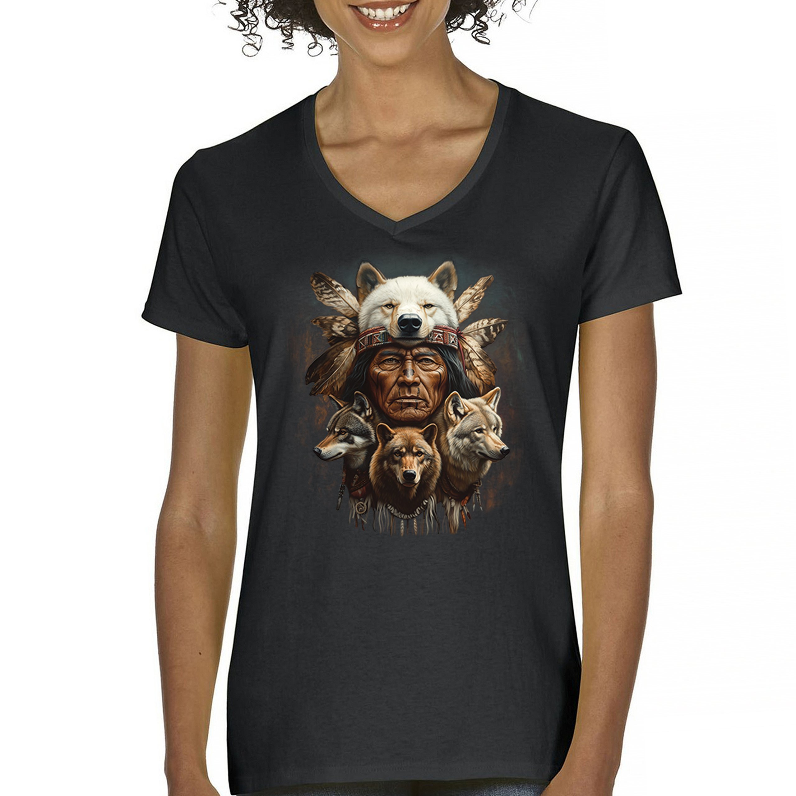 Native American Wolf Chief Women's V-Neck T-shirt Headdress Warrior Totem Tee - Picture 2 of 71