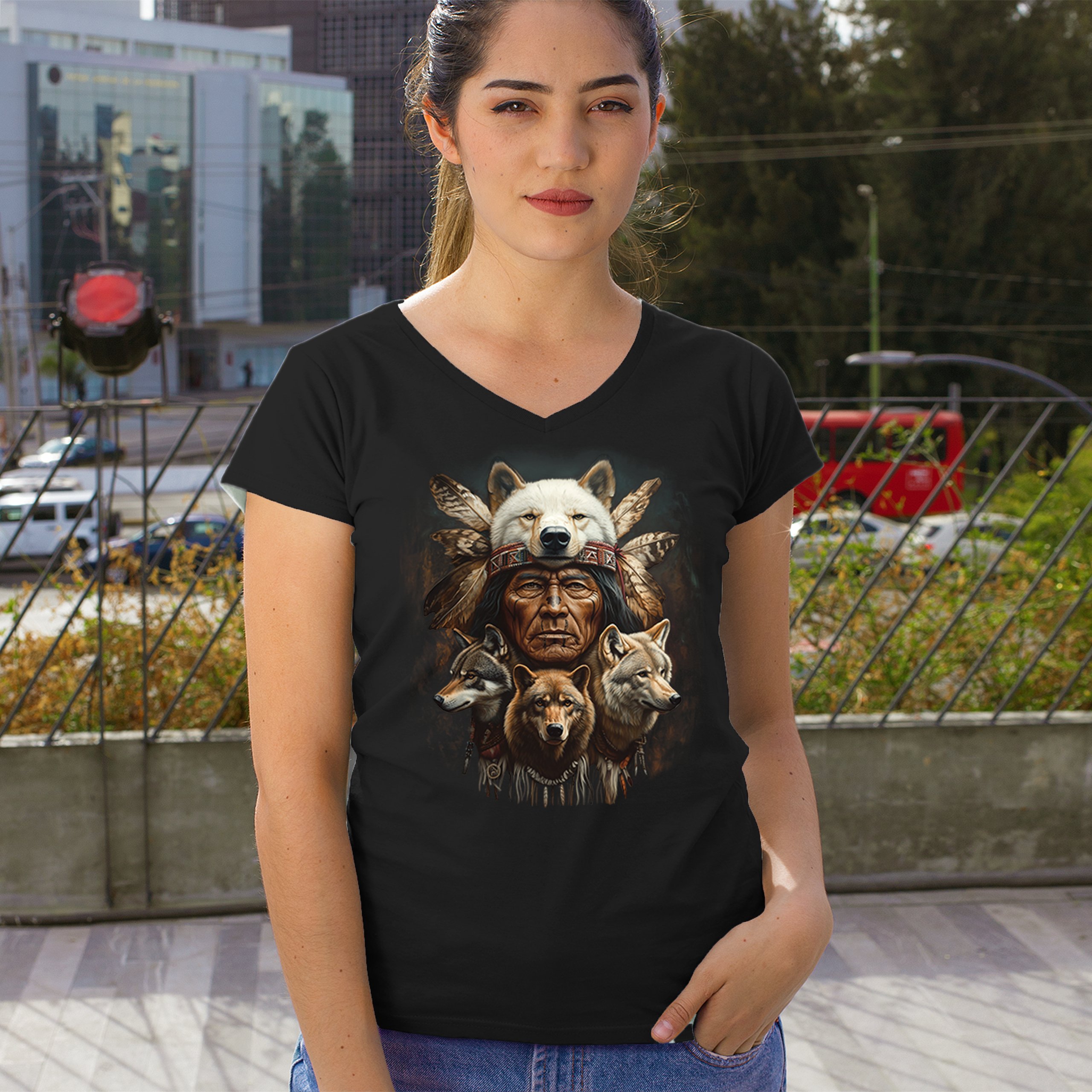 Native American Wolf Chief Women's V-Neck T-shirt Headdress Warrior Totem Tee - Picture 5 of 71