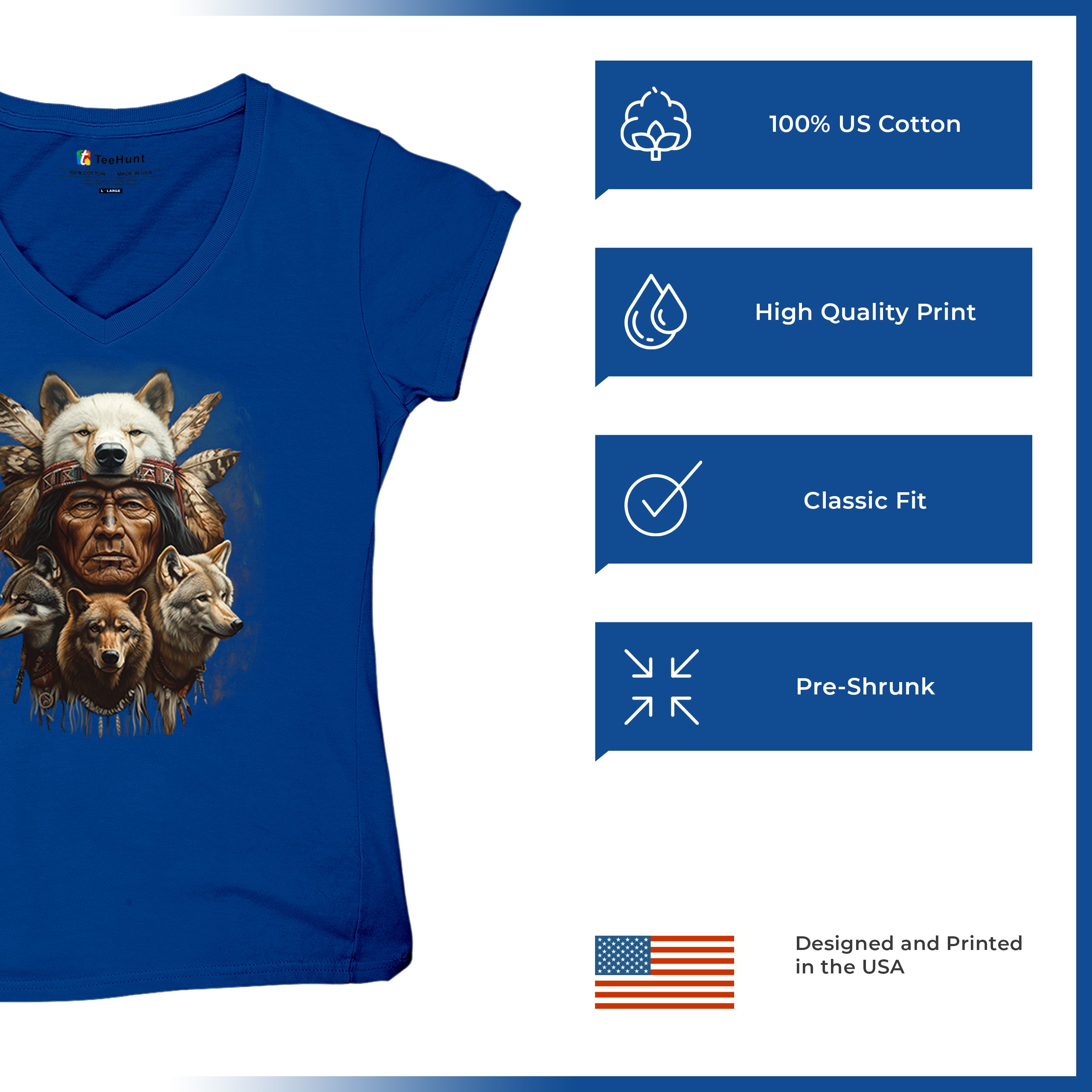 Native American Wolf Chief Women's V-Neck T-shirt Headdress Warrior Totem Tee - Picture 56 of 71